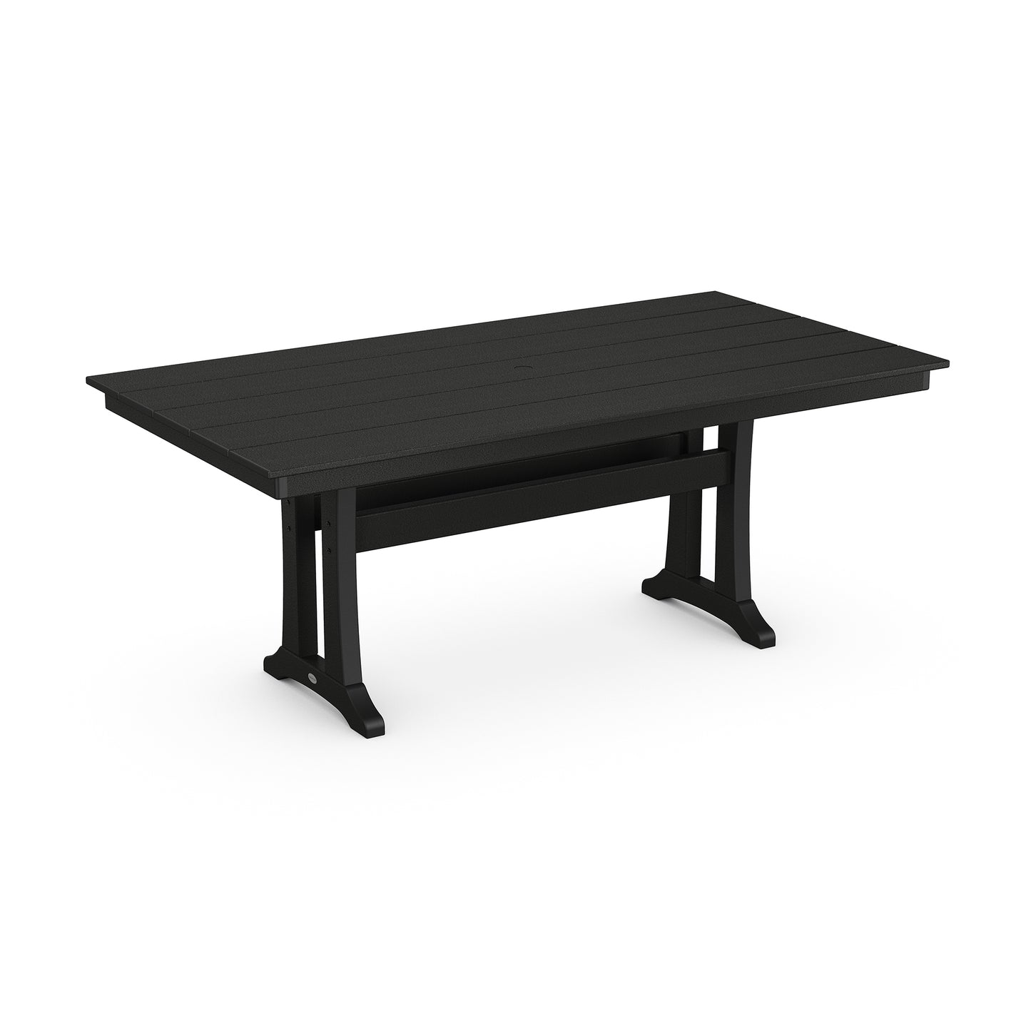 A 3D rendering of a modern, rectangular, black POLYWOOD® Farmhouse Trestle 37" x 72" dining table with a textured top and stylized metal legs, shown against a white background.