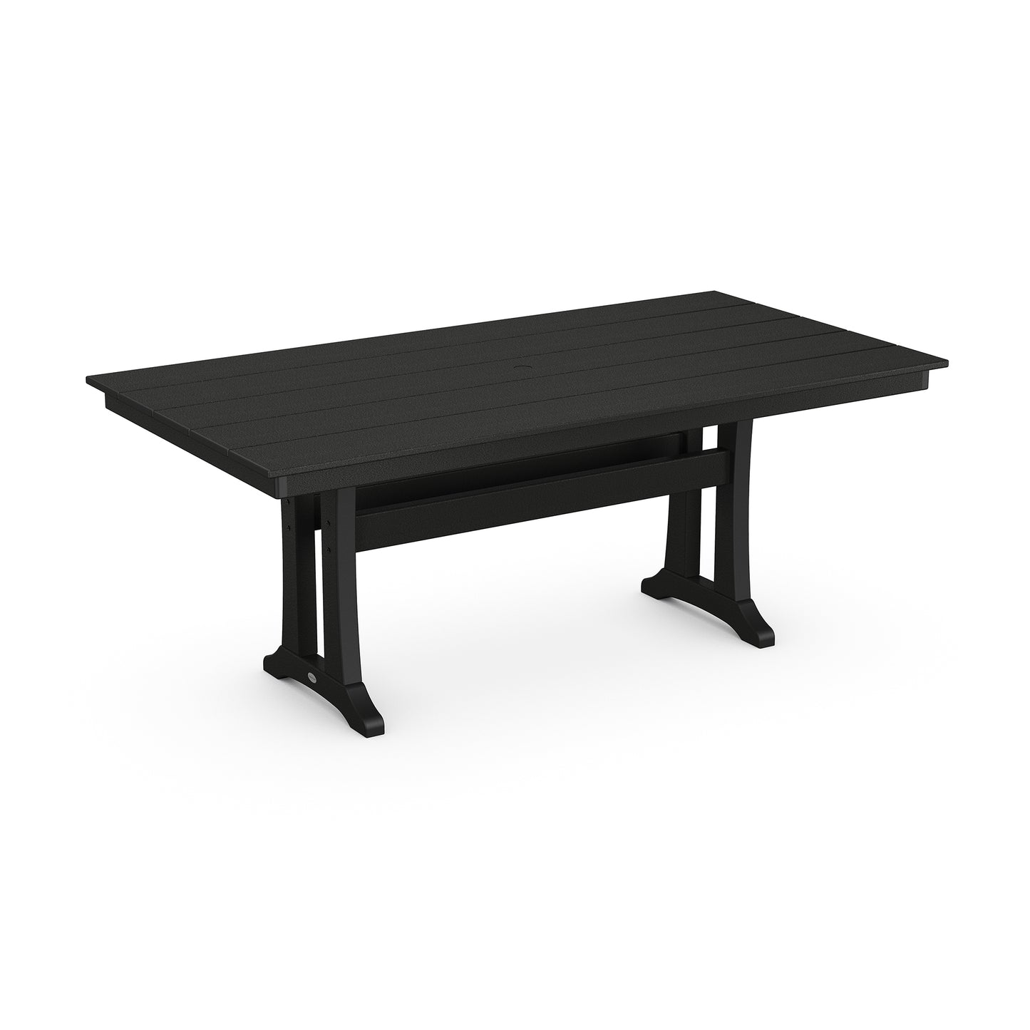 Dark green POLYWOOD Farmhouse Trestle dining table with durable slatted top.