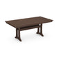 A 3D rendering of a rectangular, brown POLYWOOD Farmhouse Trestle 37" x 72" dining table with a plank-style top and curved legs, isolated on a white background.