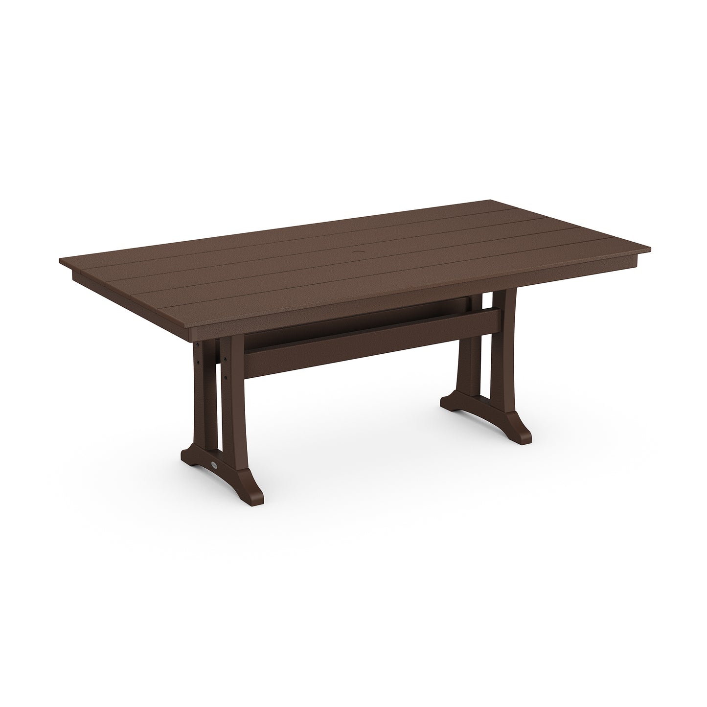 Brown POLYWOOD Farmhouse Trestle Table with central beam and robust end legs.