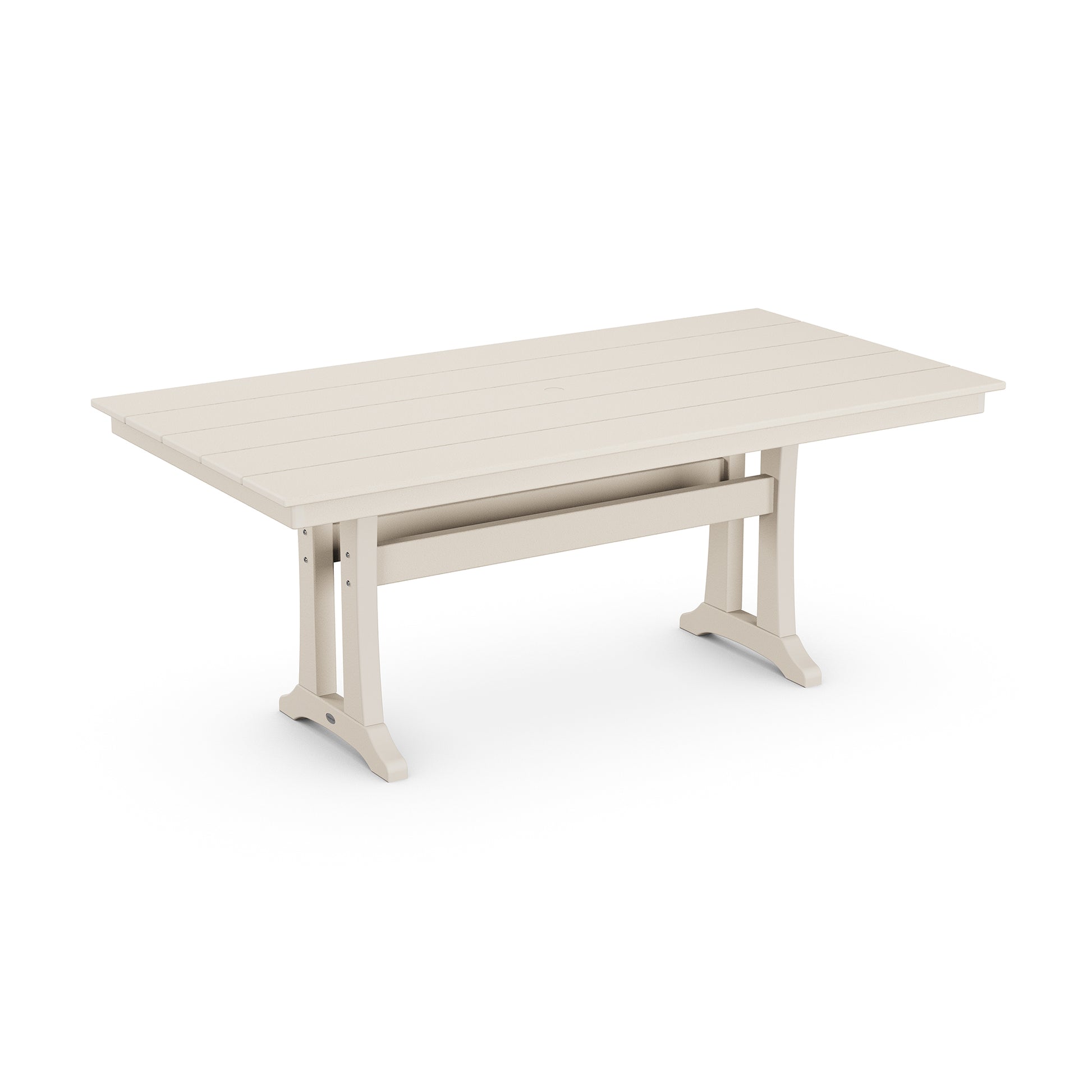 A modern, extendable POLYWOOD Farmhouse Trestle 37" x 72" outdoor dining table with a light beige tabletop and contrasting light gray pedestal legs, isolated on a white background.