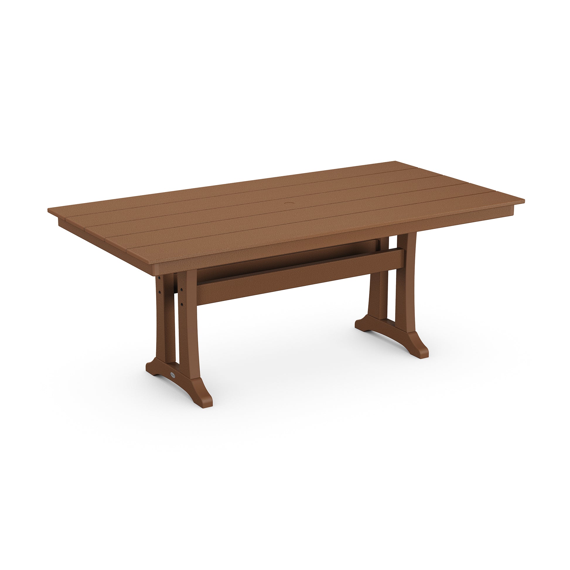 A 3D rendering of a large, rectangular POLYWOOD® Farmhouse Trestle 37" x 72" dining table with sturdy legs, displayed against a plain white background.