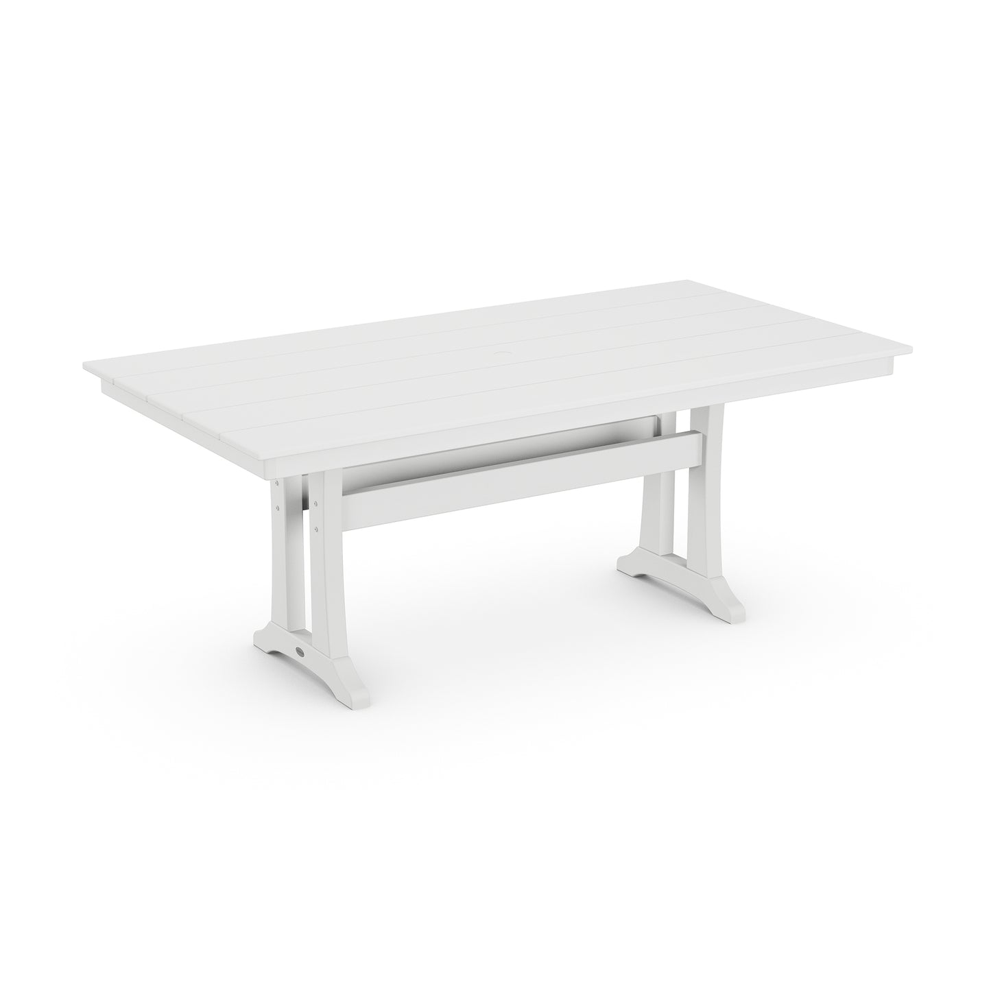 POLYWOOD Farmhouse Trestle Dining Table with slatted top and trestle legs, 37" x 72", perfect for versatile dining spaces.