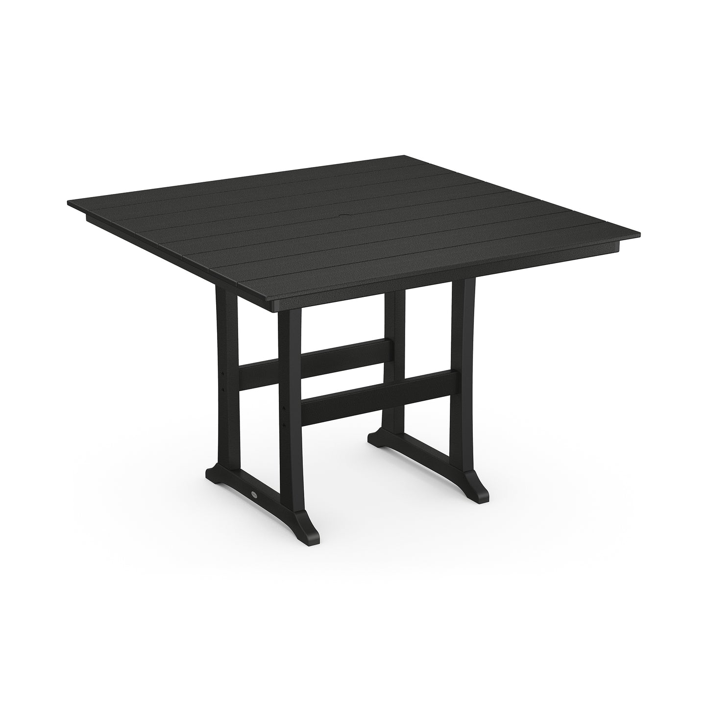 Black square outdoor dining table with slatted top and sturdy legs by POLYWOOD.