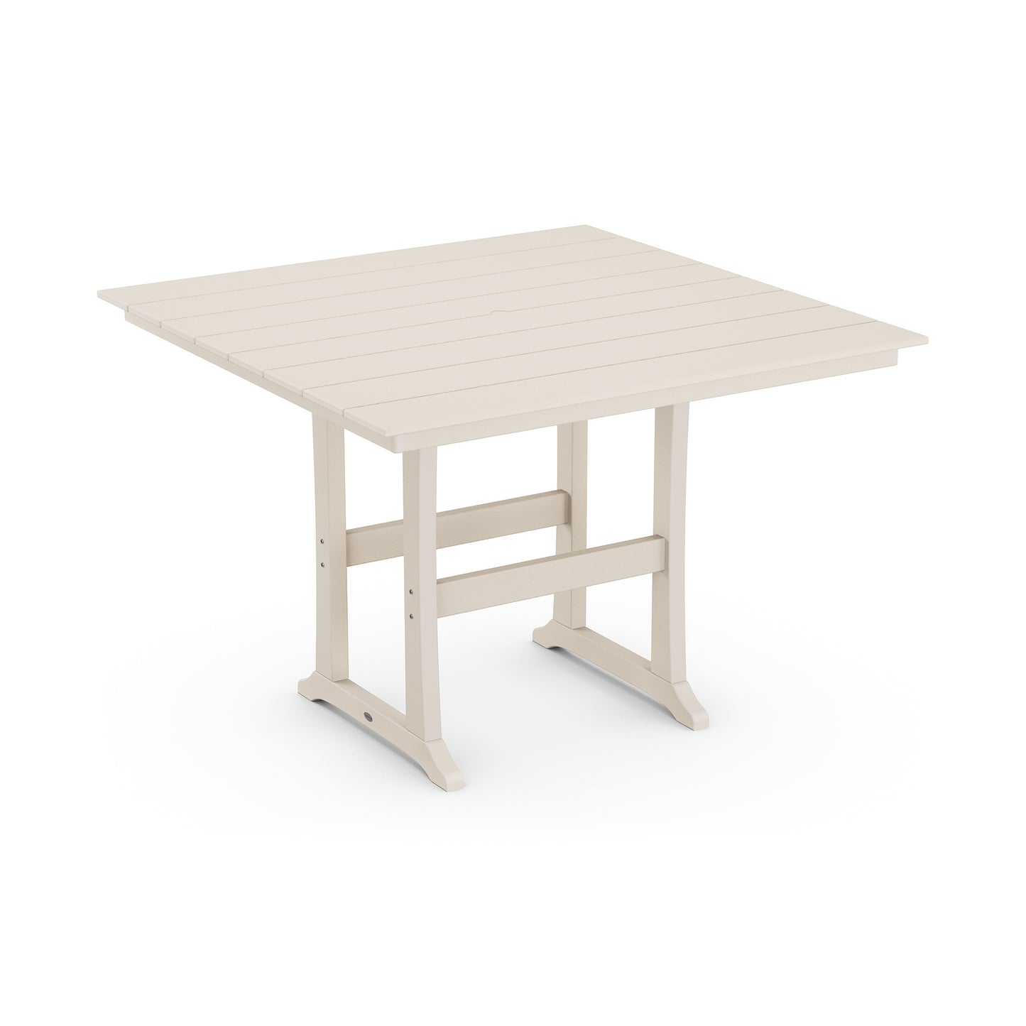 Cream-colored POLYWOOD Farmhouse Trestle 59" Bar Table with slatted top and sturdy legs.
