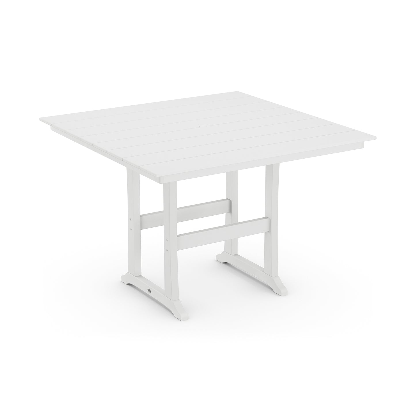 POLYWOOD Farmhouse Trestle 59" Bar Table, square and white, ideal for outdoor dining.