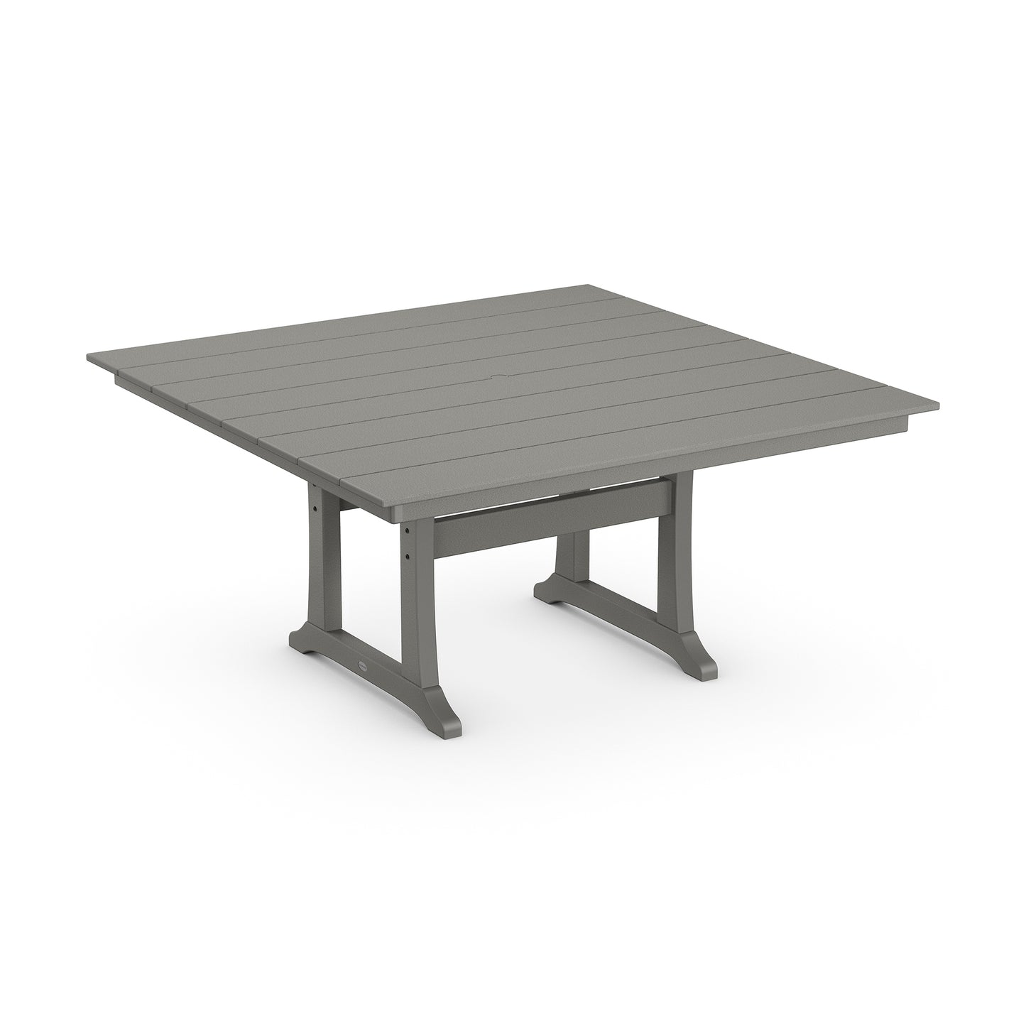 Gray rectangular 59" outdoor dining table featuring a slatted top and robust base, crafted from durable POLYWOOD lumber.