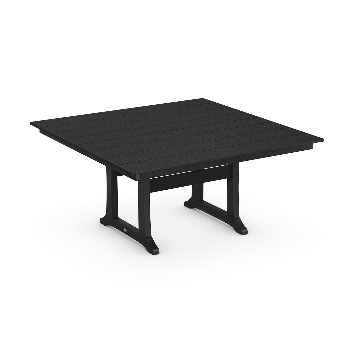 A modern black adjustable-height desk with a rectangular top and sturdy POLYWOOD Farmhouse Trestle 59" Dining Table legs, isolated on a white background.
