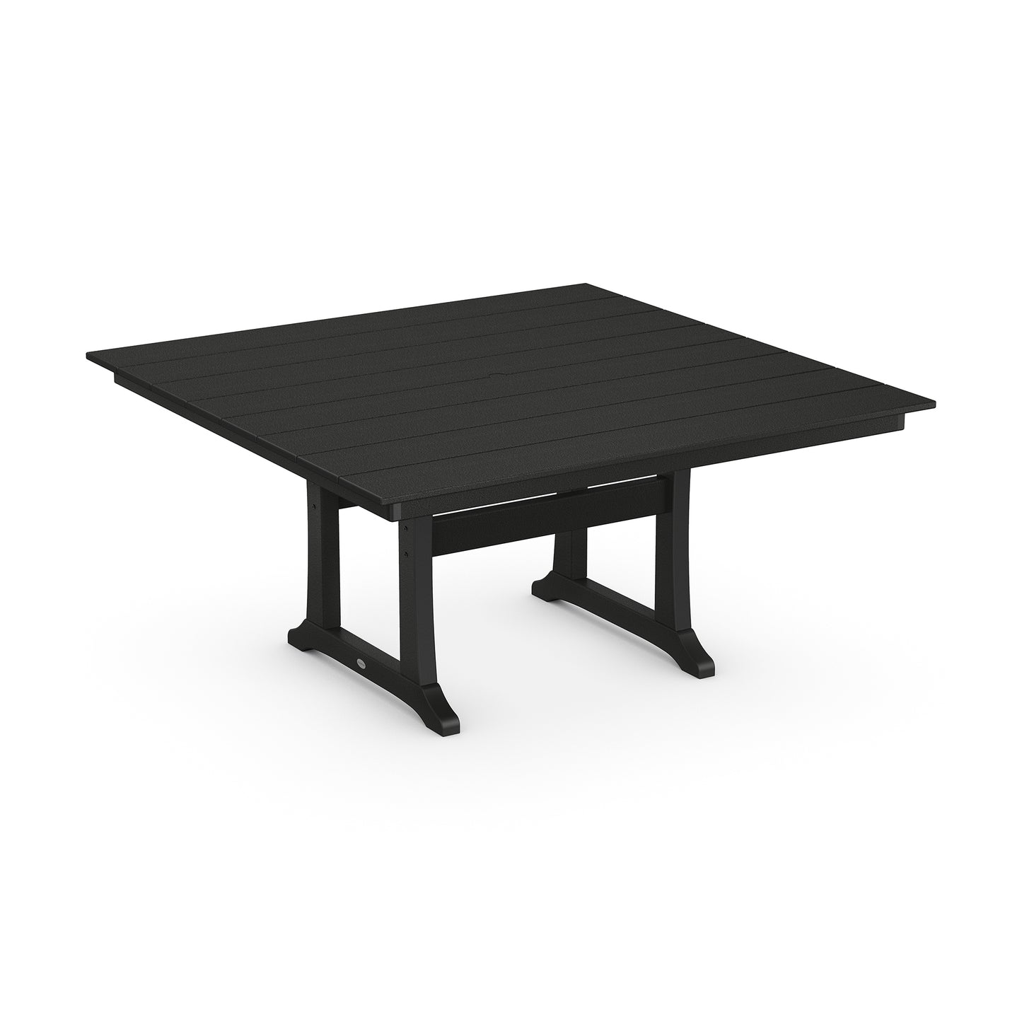 POLYWOOD Farmhouse Trestle 59" Dining Table with a black slatted top and robust legs made from durable POLYWOOD lumber.