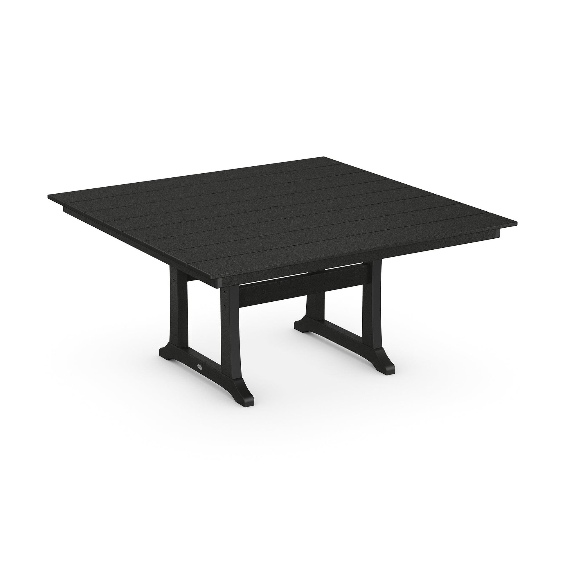 POLYWOOD Farmhouse Trestle 59" Dining Table with a black slatted top and robust legs made from durable POLYWOOD lumber.
