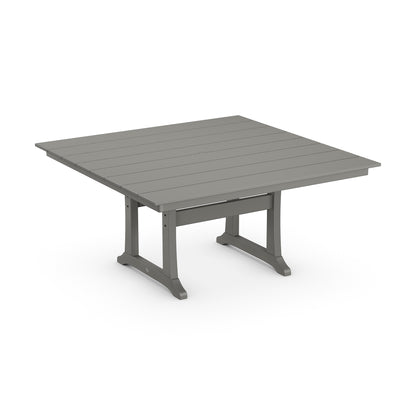 A 3D rendering of a POLYWOOD Farmhouse Trestle 59" Dining Table with a slatted top and metal legs, set against a white background. The table is colored in shades of gray.