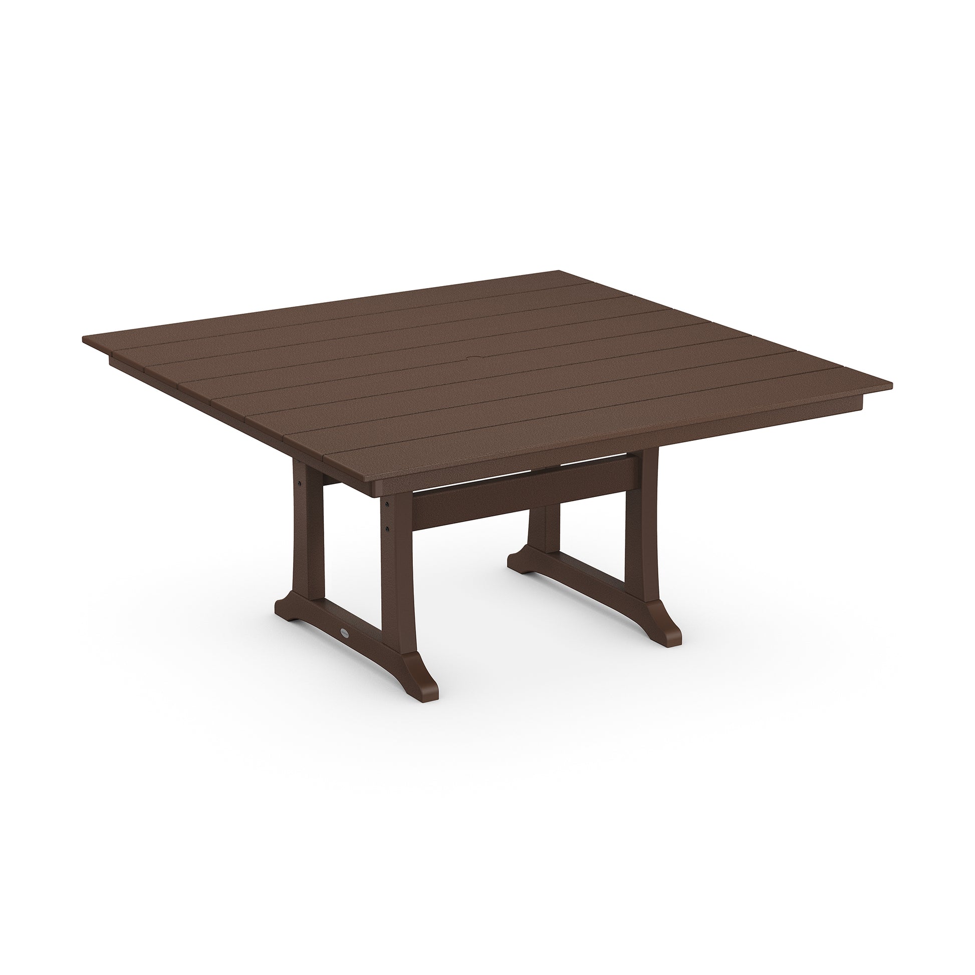 A 3D rendering of a large, square, brown POLYWOOD Farmhouse Trestle 59" Dining Table with sturdy crossed-leg supports and slatted tabletop design, made from POLYWOOD® lumber.