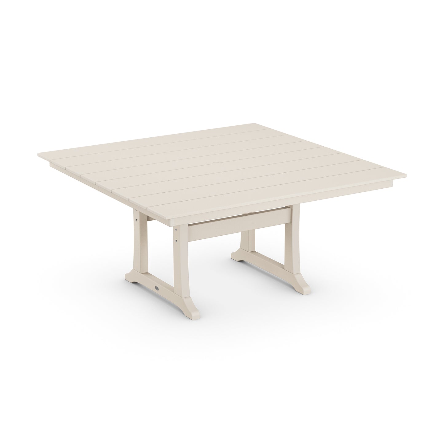 A modern, beige square outdoor POLYWOOD Farmhouse Trestle 59" Dining Table with a simple, sturdy frame and horizontal plank design on the tabletop, isolated on a white background.