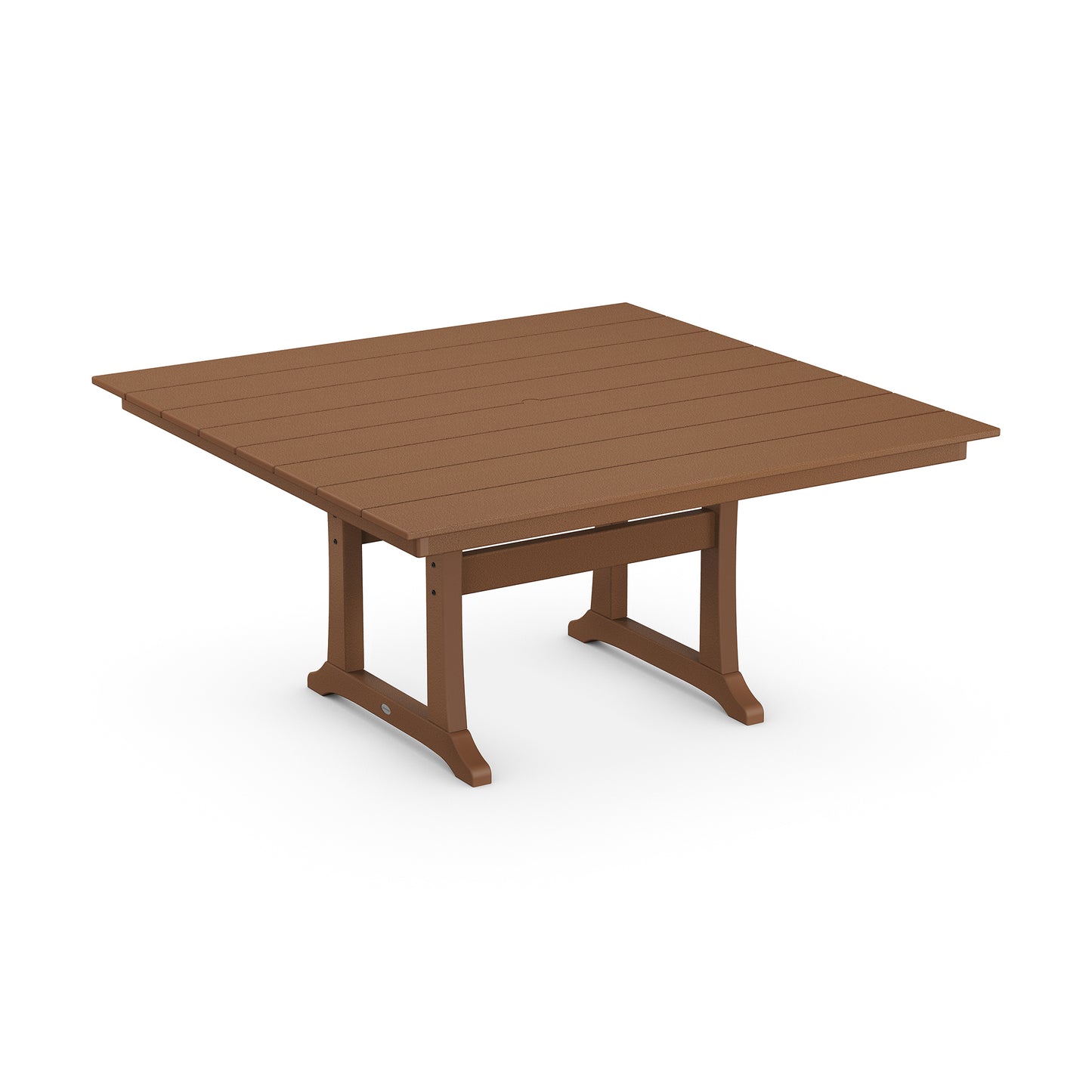 Brown POLYWOOD Farmhouse Trestle 59" dining table with slatted top and sturdy legs viewed from above.