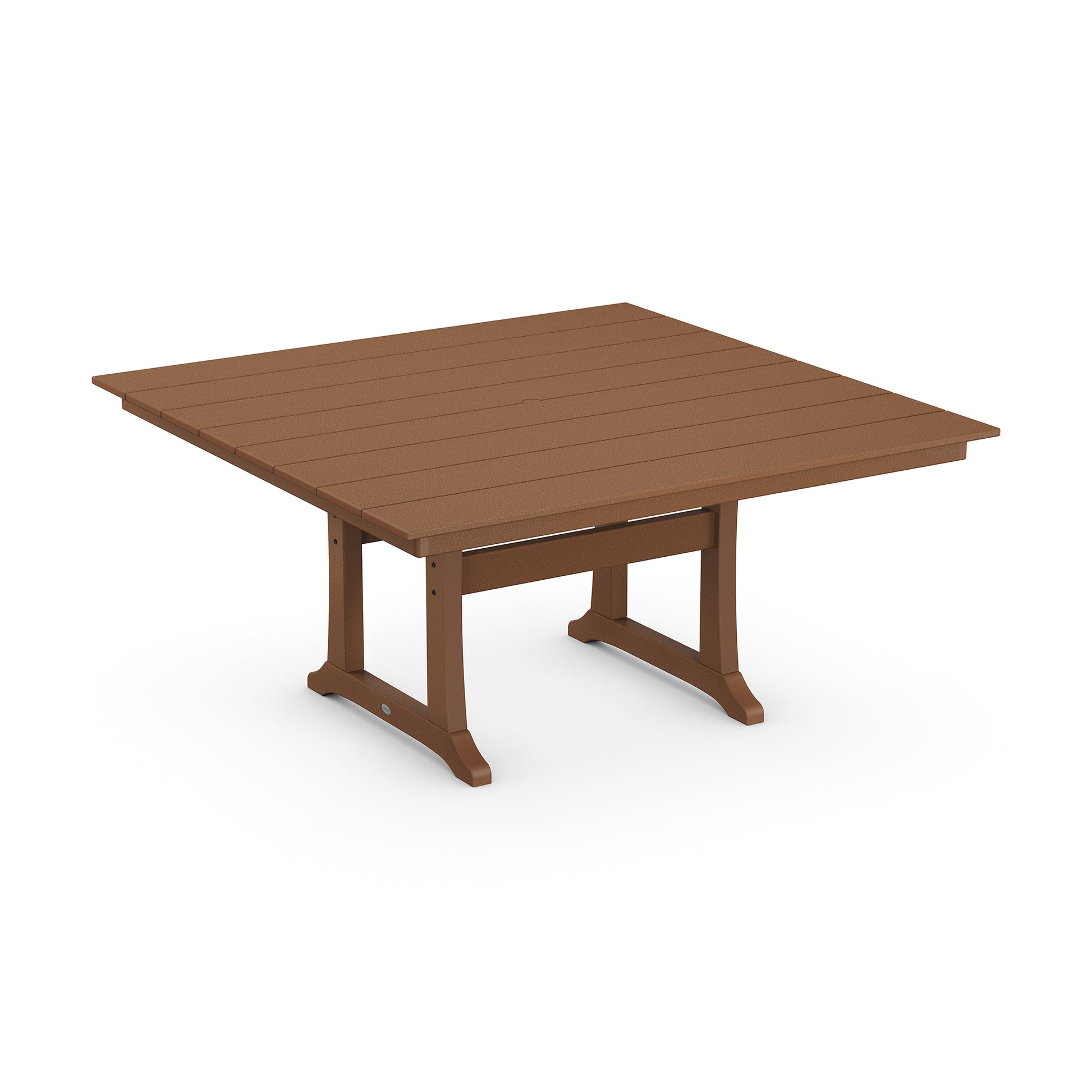 Brown POLYWOOD Farmhouse Trestle 59" dining table with slatted top and sturdy legs viewed from above.