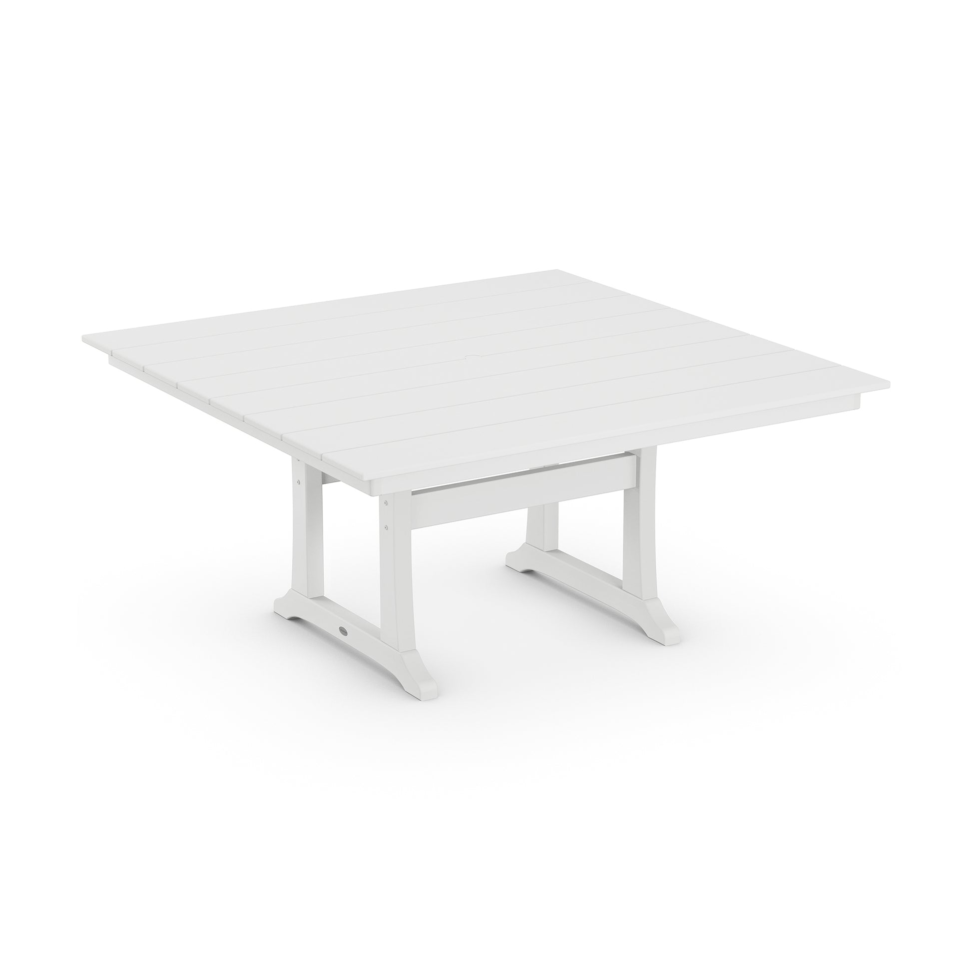 A simple white square POLYWOOD® Farmhouse Trestle 59" Dining Table with plank-style top and sturdy legs, displayed on a plain white background.