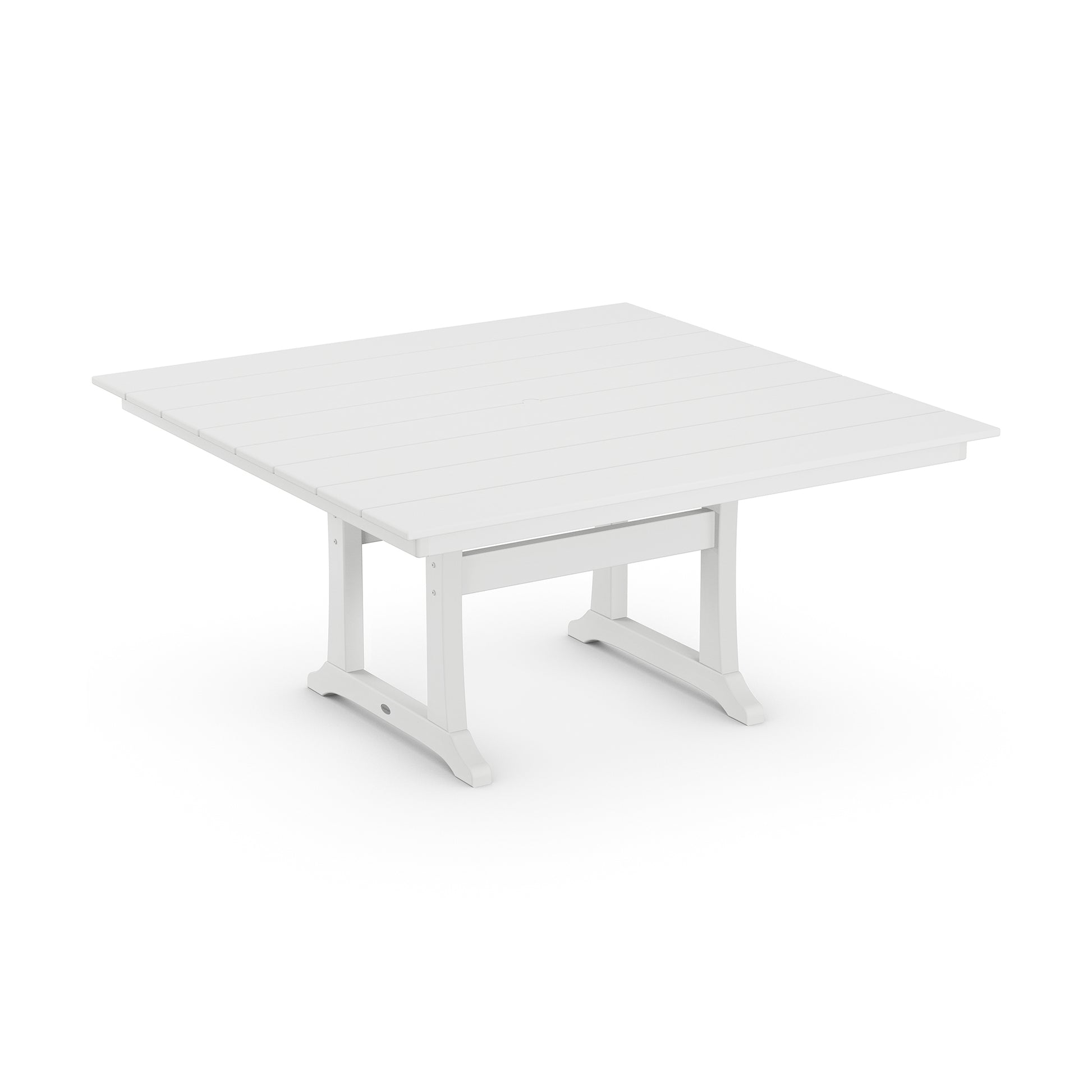 POLYWOOD Farmhouse Trestle 59" Dining Table with slatted top and sturdy base, perfect for outdoor dining.