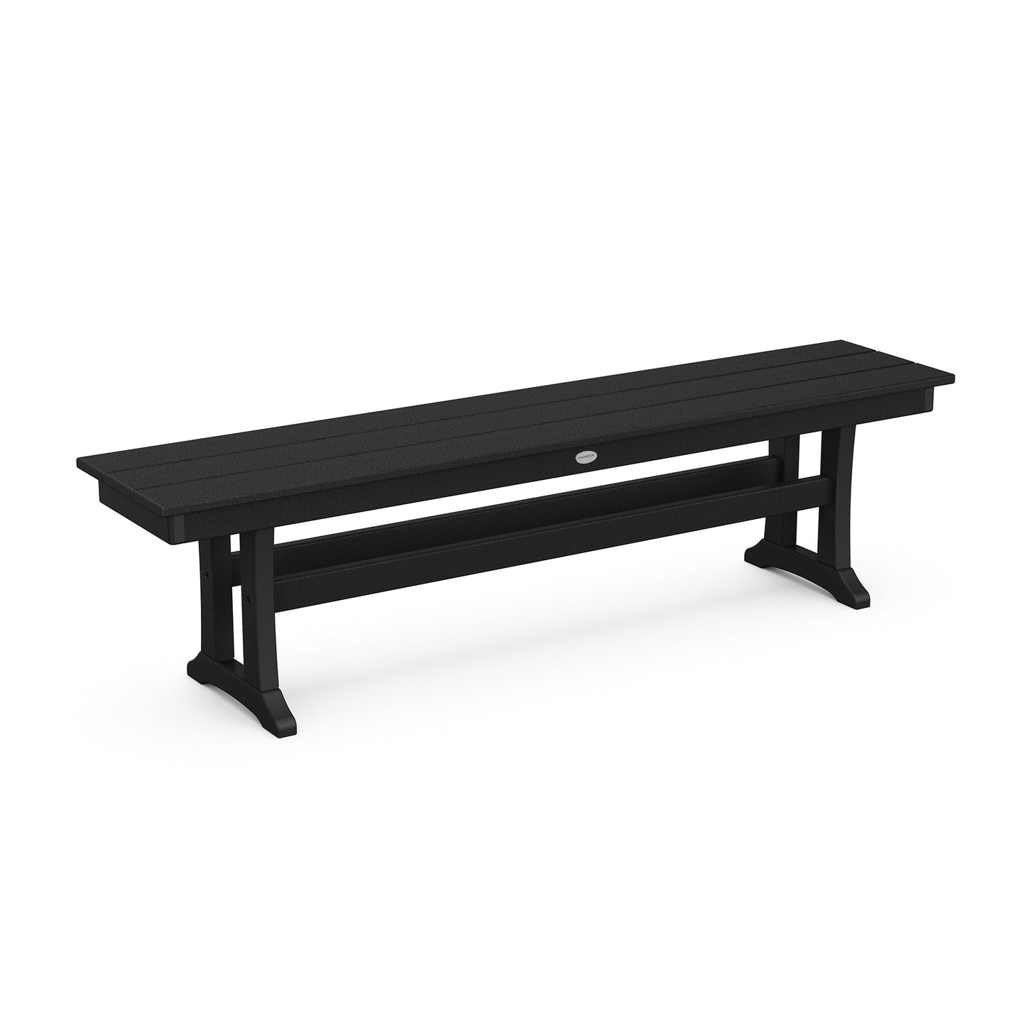 A black POLYWOOD Farmhouse Trestle 65" Bench with a slatted seat and backless design, featuring curved POLYWOOD lumber legs, positioned on a white background.