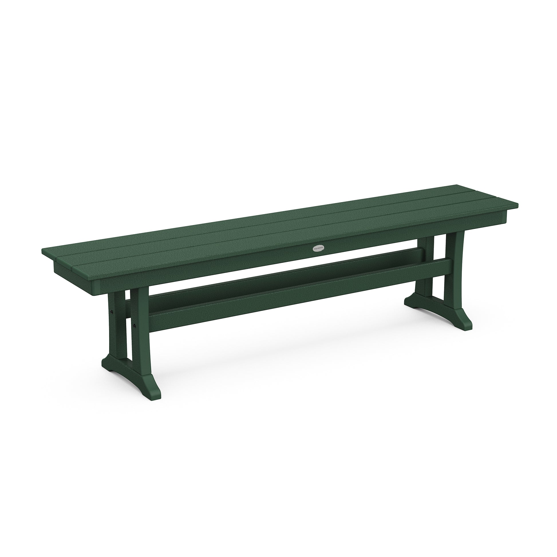 A long, green POLYWOOD Farmhouse Trestle 65" Bench crafted from weather-resistant POLYWOOD lumber with a simple, sturdy design and horizontal slats, isolated on a white background.