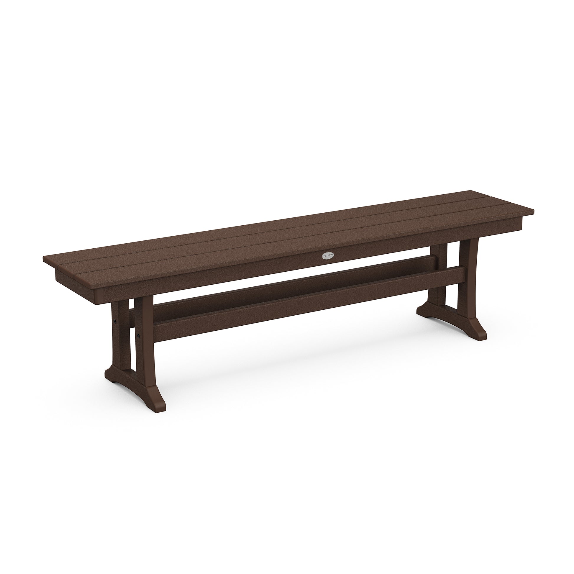 A brown POLYWOOD Farmhouse Trestle 65" bench with a simple, traditional design, featuring a flat seat supported by two sturdy legs connected by horizontal bars. The bench is isolated against a white background.