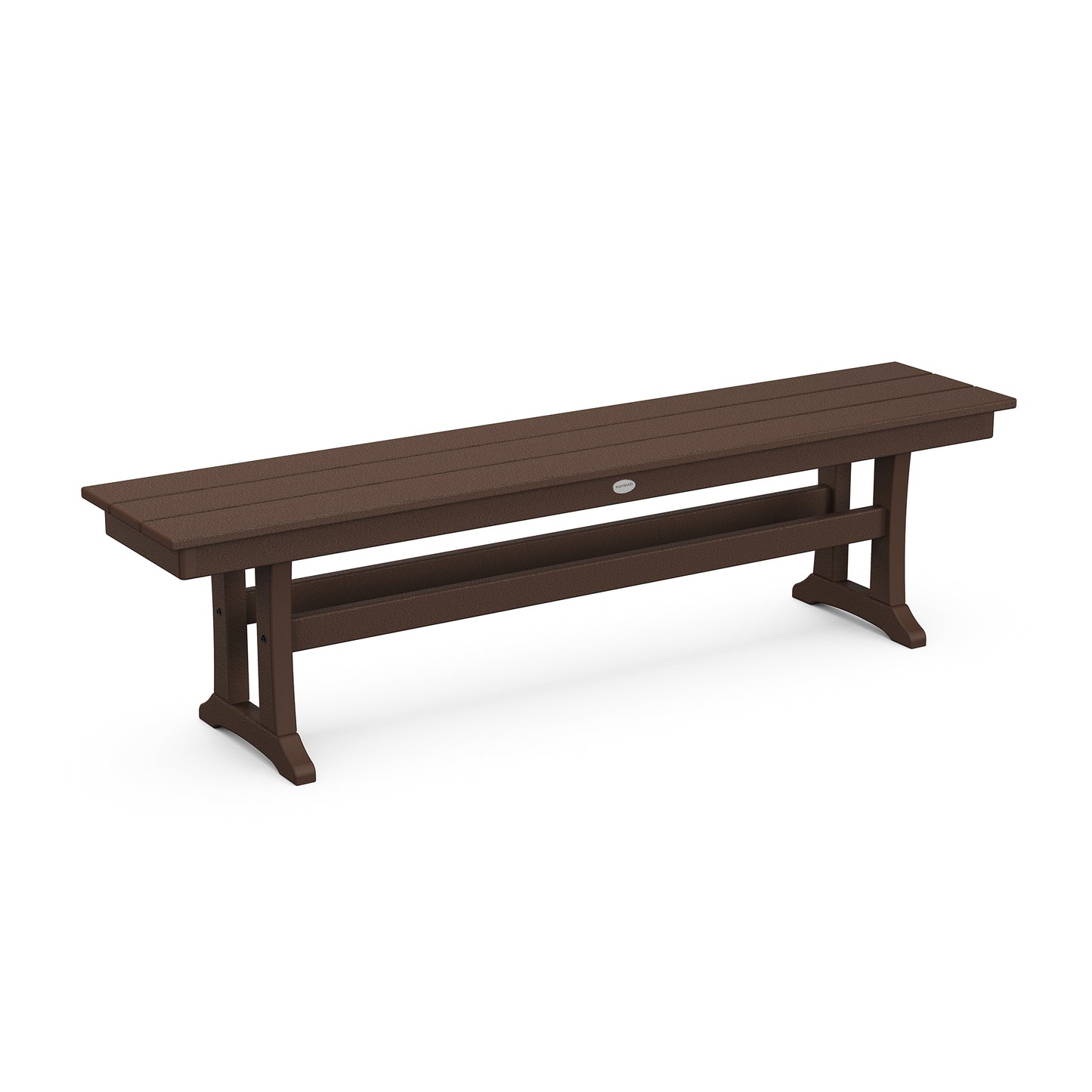 Simple dark brown outdoor bench crafted from weather-resistant POLYWOOD® lumber, featuring a farmhouse trestle design.
