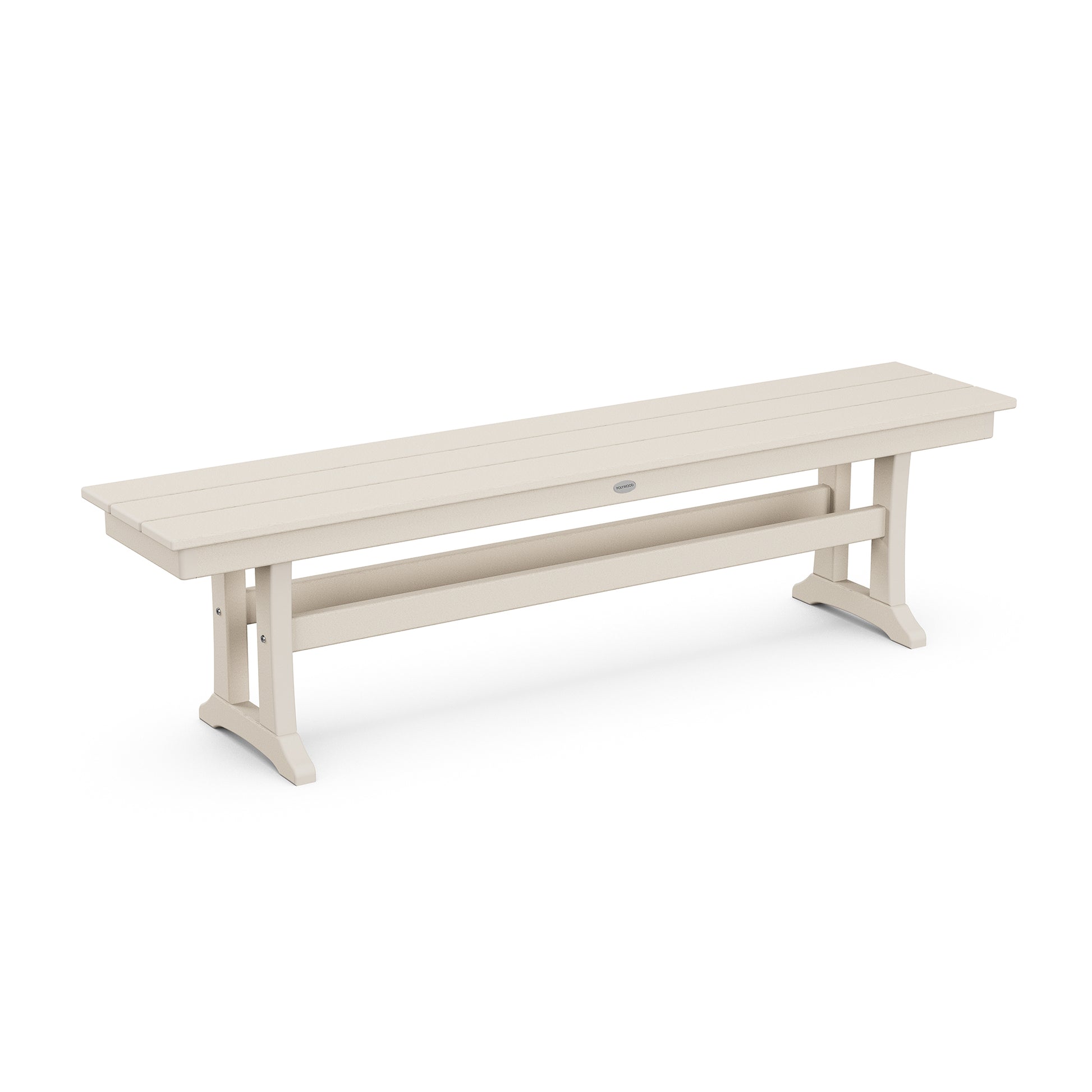 A long, off-white POLYWOOD Farmhouse Trestle 65" Bench outdoor bench with a slatted seat and a lower supportive rail, set against a plain white background.