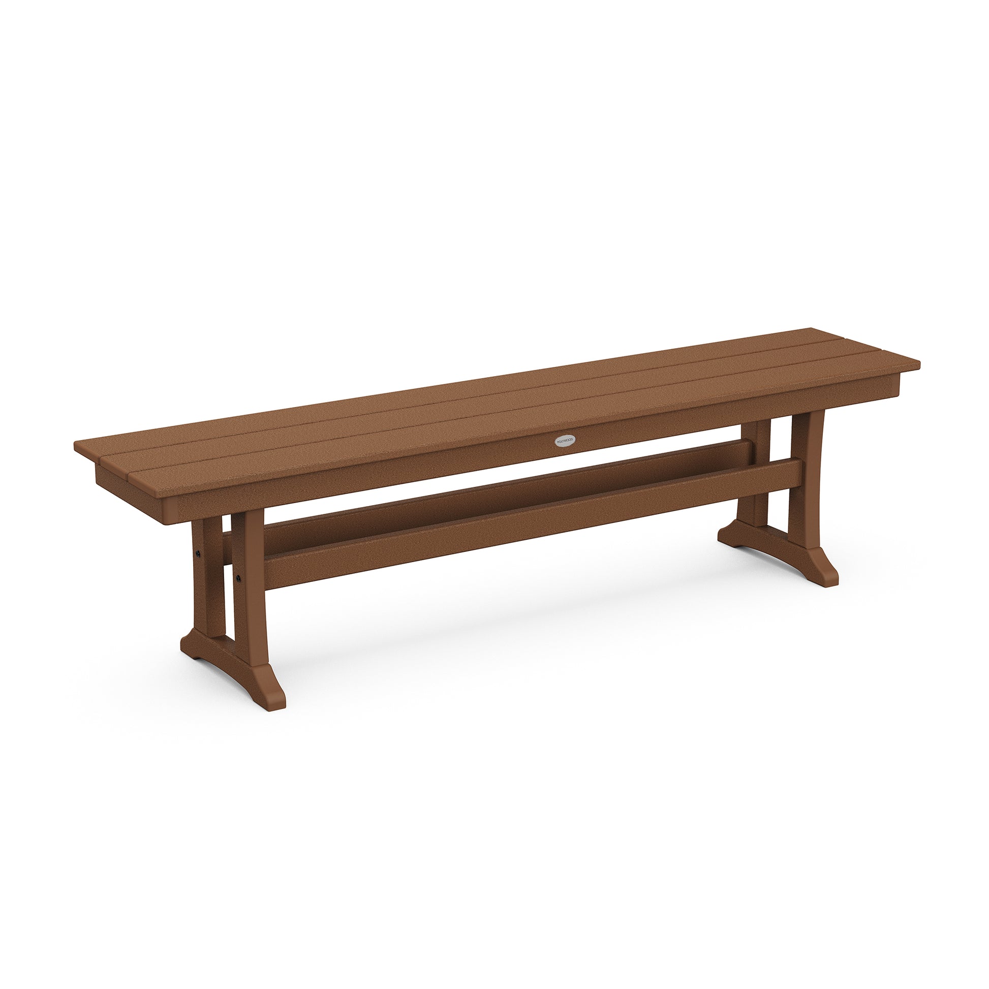A digital rendering of a POLYWOOD Farmhouse Trestle 65" Bench featuring a simple, rectangular seat and x-shaped legs at either end, presented on a white background.