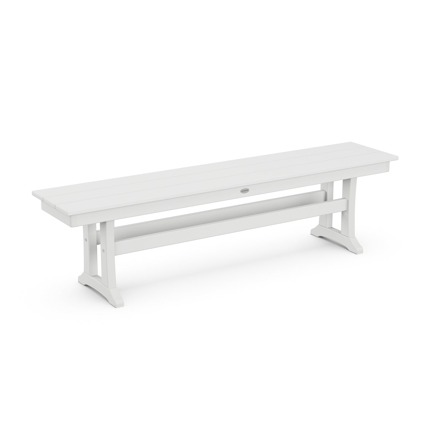 White POLYWOOD Farmhouse Trestle 65" bench with slatted design and weather-resistant lumber.