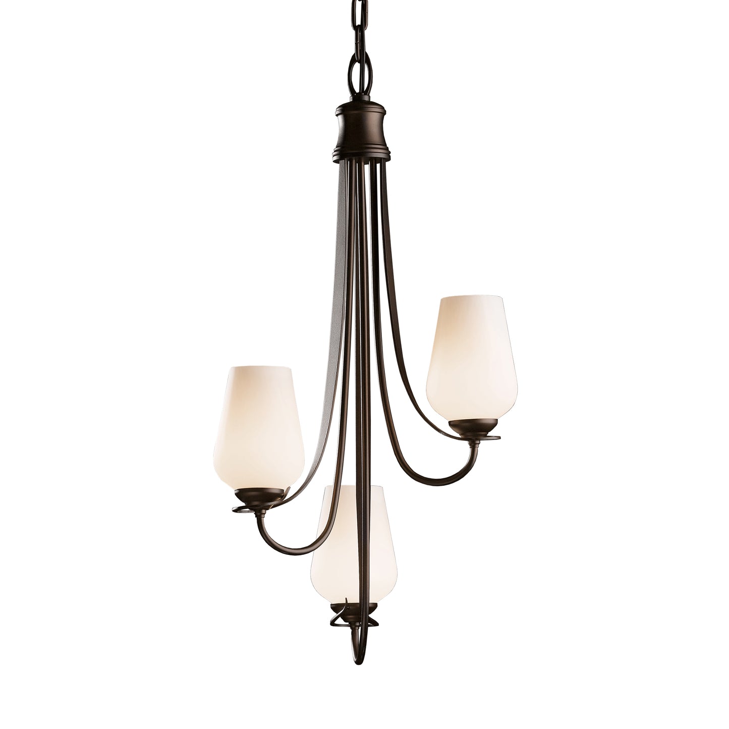 Flora 3-Arm Chandelier with frosted glass shades on a dark metal frame by Hubbardton Forge, showcasing elegant design.