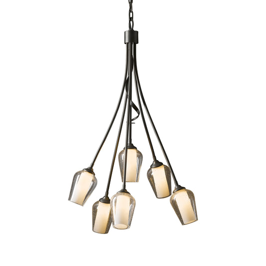 Flora 6-Arm Chandelier by Hubbardton Forge showcases black curved arms with lights in clear glass shades for an elegant focal point.