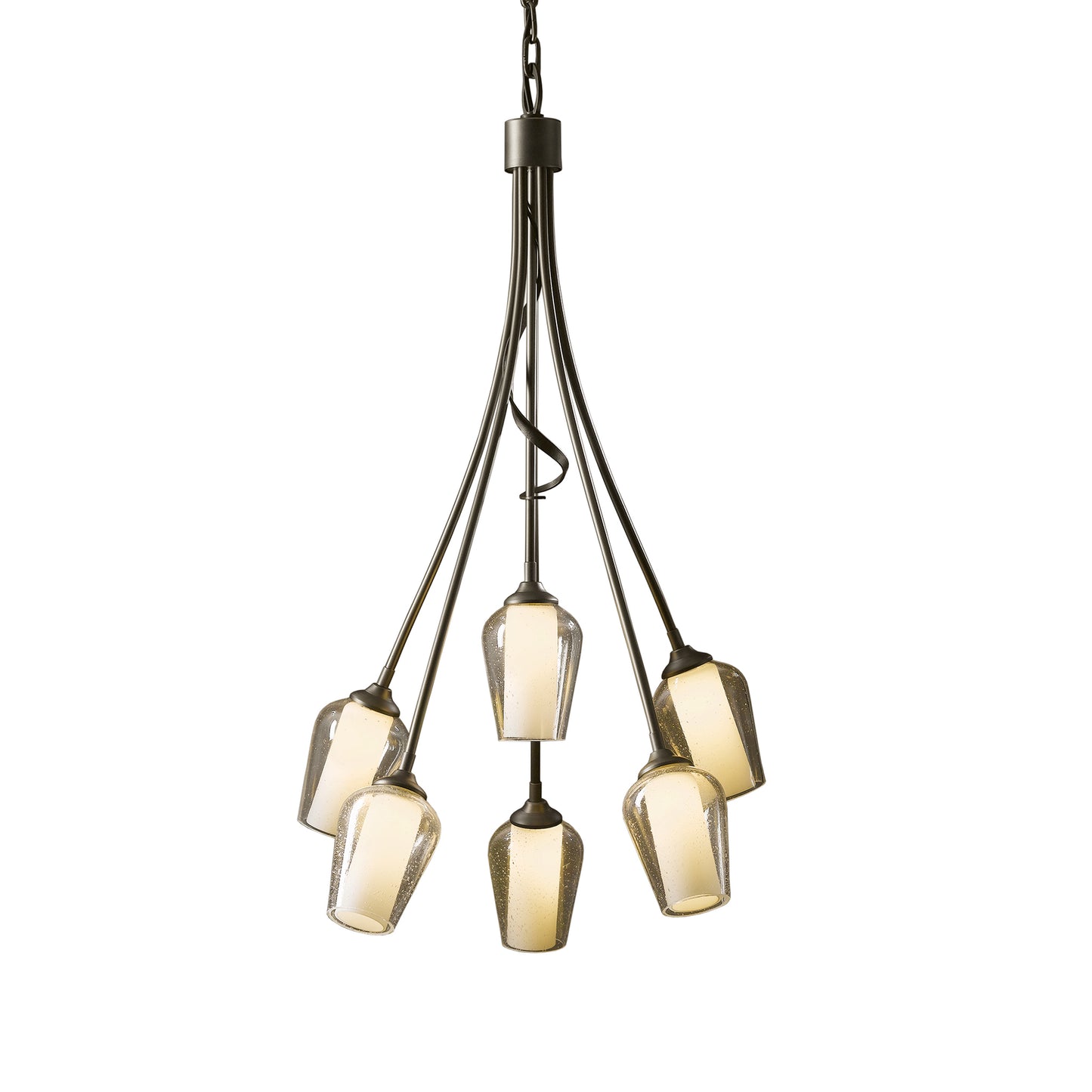 Flora 6-Arm Chandelier by Hubbardton Forge with dark metal frame and six glass shades, highlighting exquisite blacksmith craftsmanship.