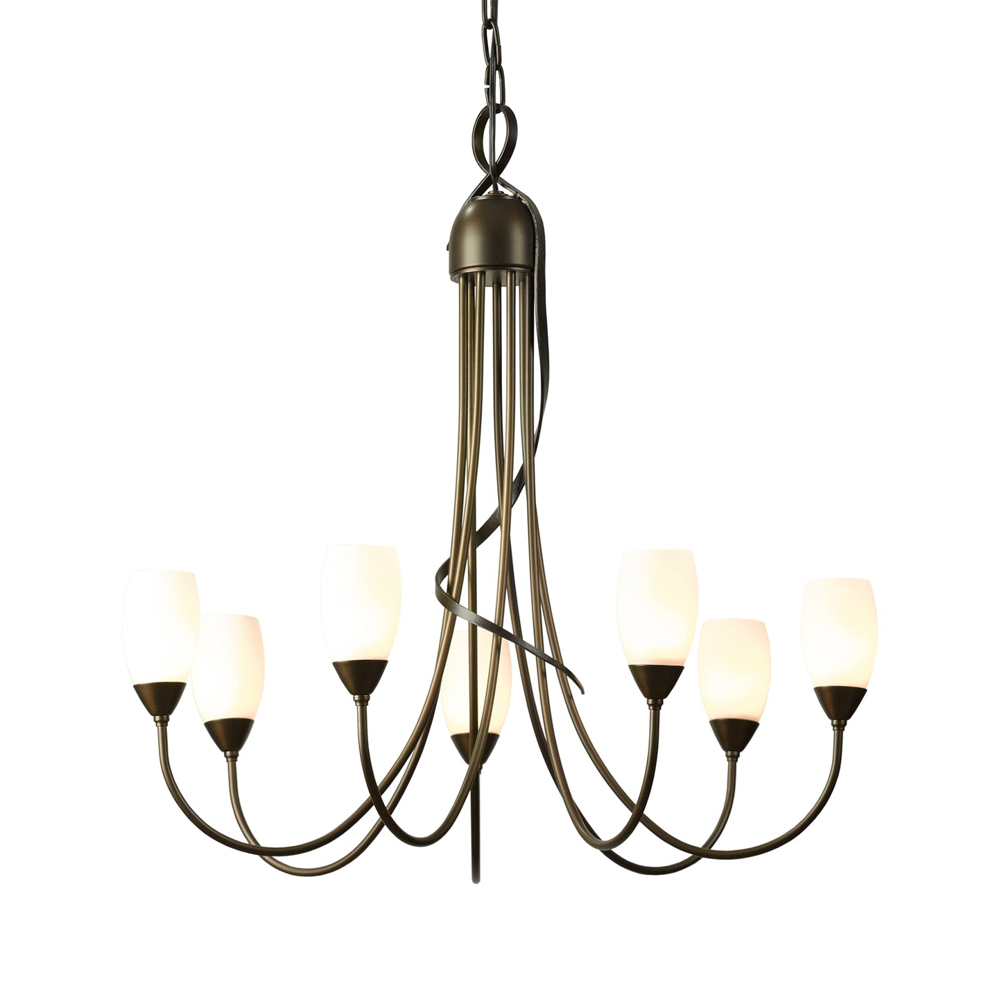 Flora 7-Arm Chandelier by Hubbardton Forge with elegant bronze arms and white glass shades, showcasing exquisite craftsmanship.