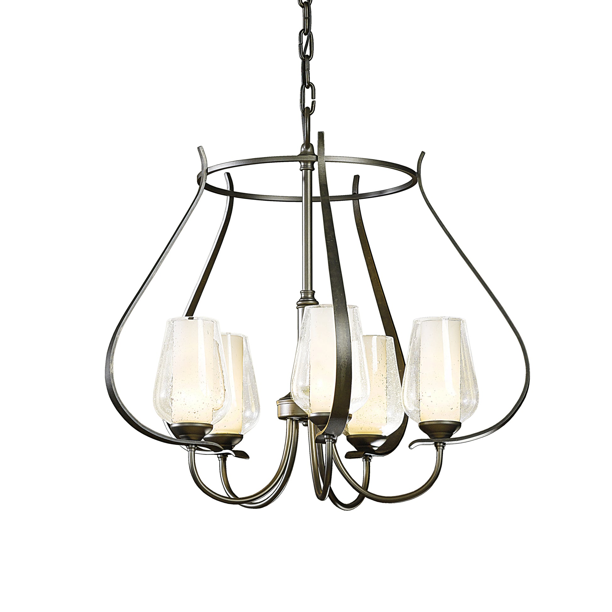 The Flora Chandelier by Hubbardton Forge features a stunning design with five frosted glass shades, crafted using environmentally safe metal forging techniques.