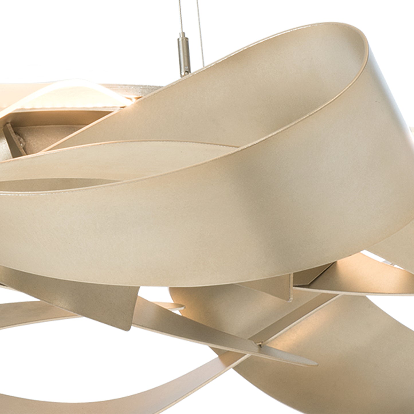 Flux Large Pendant by Hubbardton Forge featuring intertwined beige metallic bands suspended gracefully from thin cables.