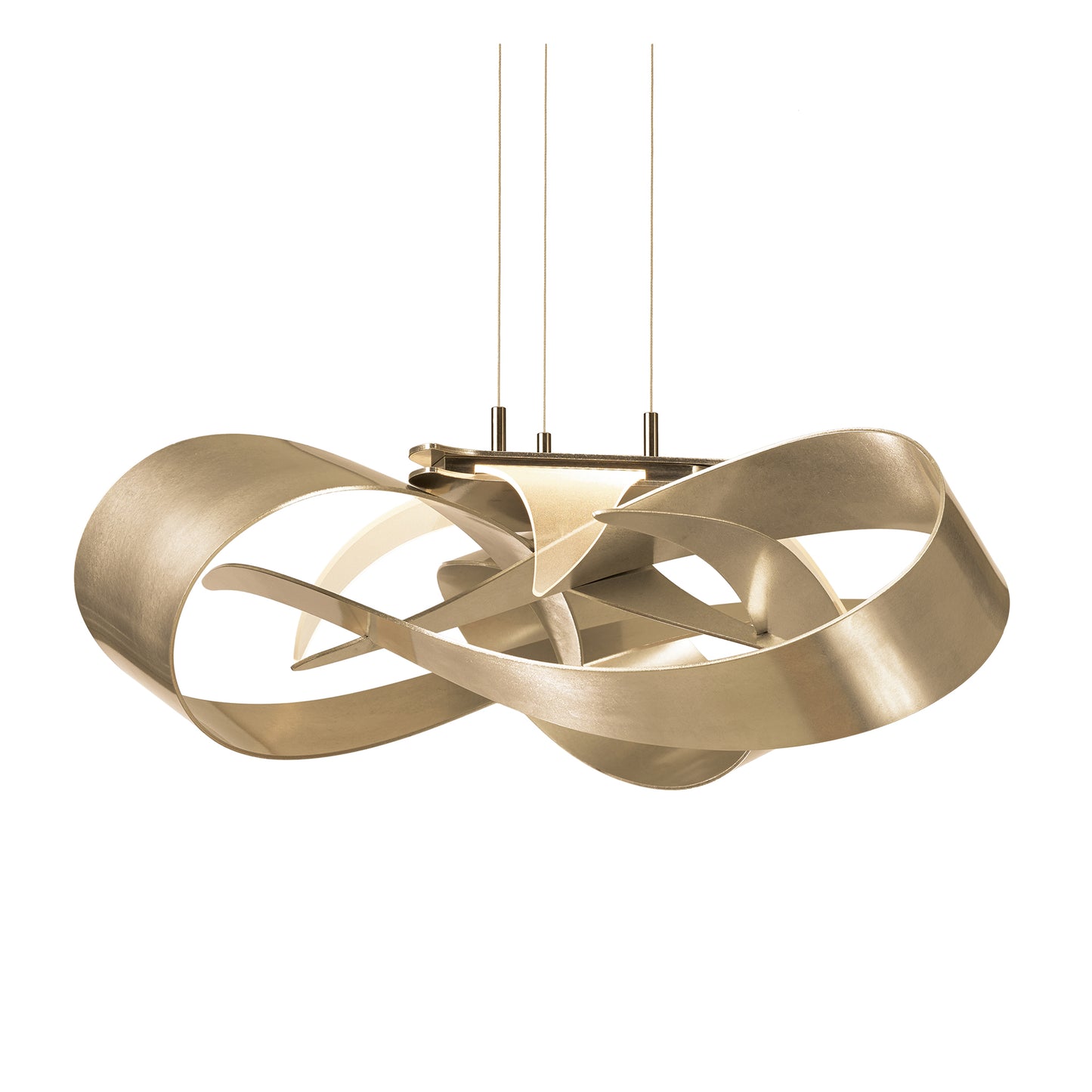 Flux Pendant by Hubbardton Forge highlights artistic design with hand-forged ribbons and three cables, offering a striking chandelier centerpiece emphasizing fine craftsmanship.