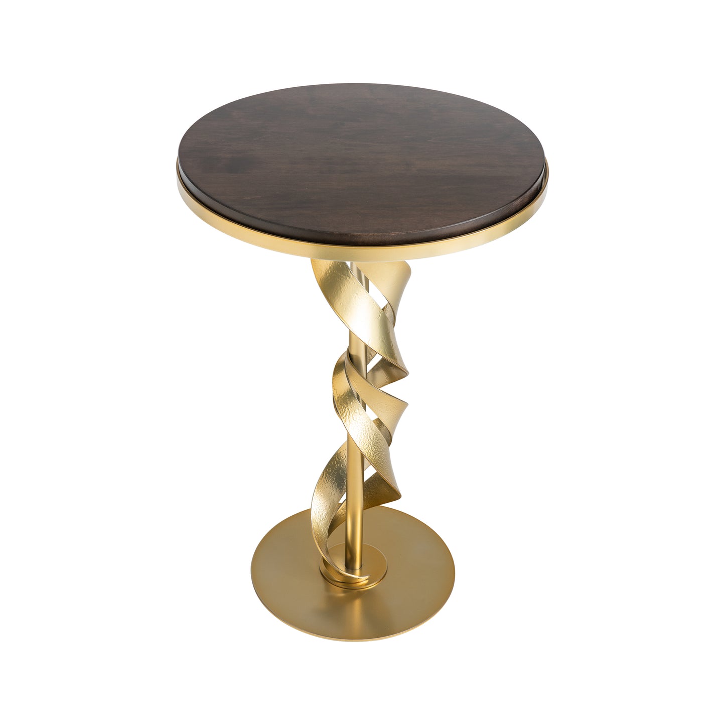 Hubbardton Forge Folio Accent Table with Vermont maple wood top and golden spiral base on circular platform.