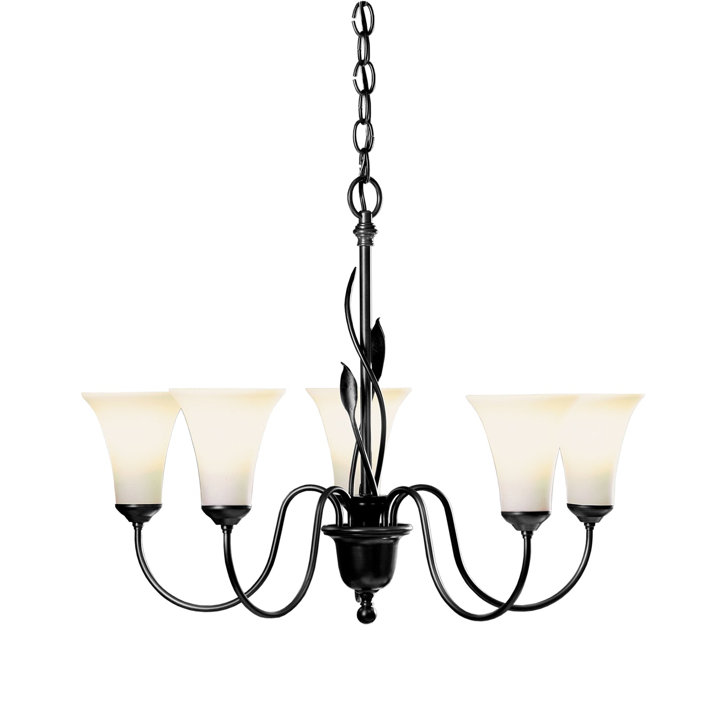 A Hubbardton Forge Forged Leaves 5-Arm Chandelier featuring white glass shades for soft illumination.