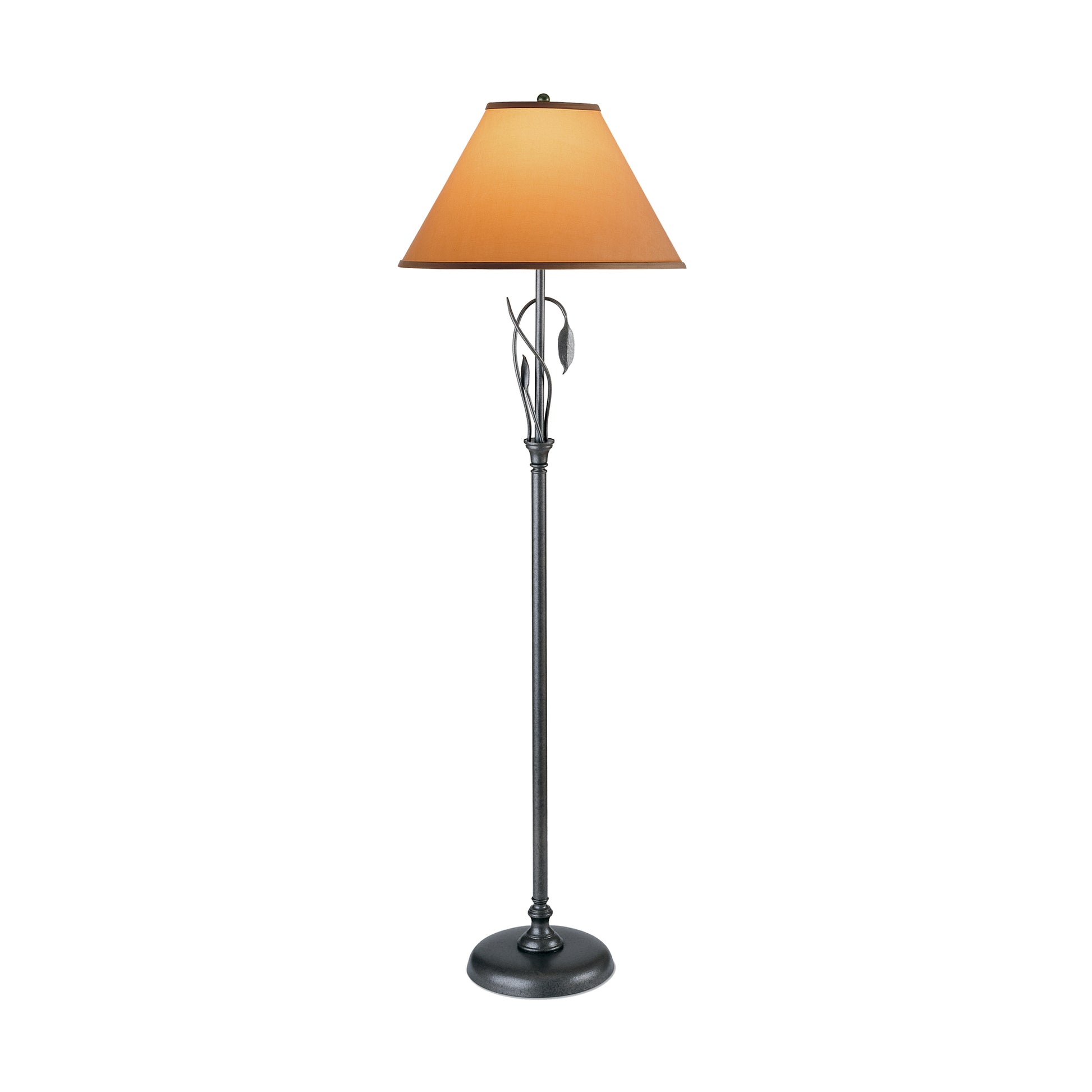 Floor lamp with a sleek metallic base and a curved, hand-crafted leaf-like design near the top, supporting a large, triangular-shaped, beige lampshade by Hubbardton Forge's Forged Leaves and Vase Floor Lamp.
