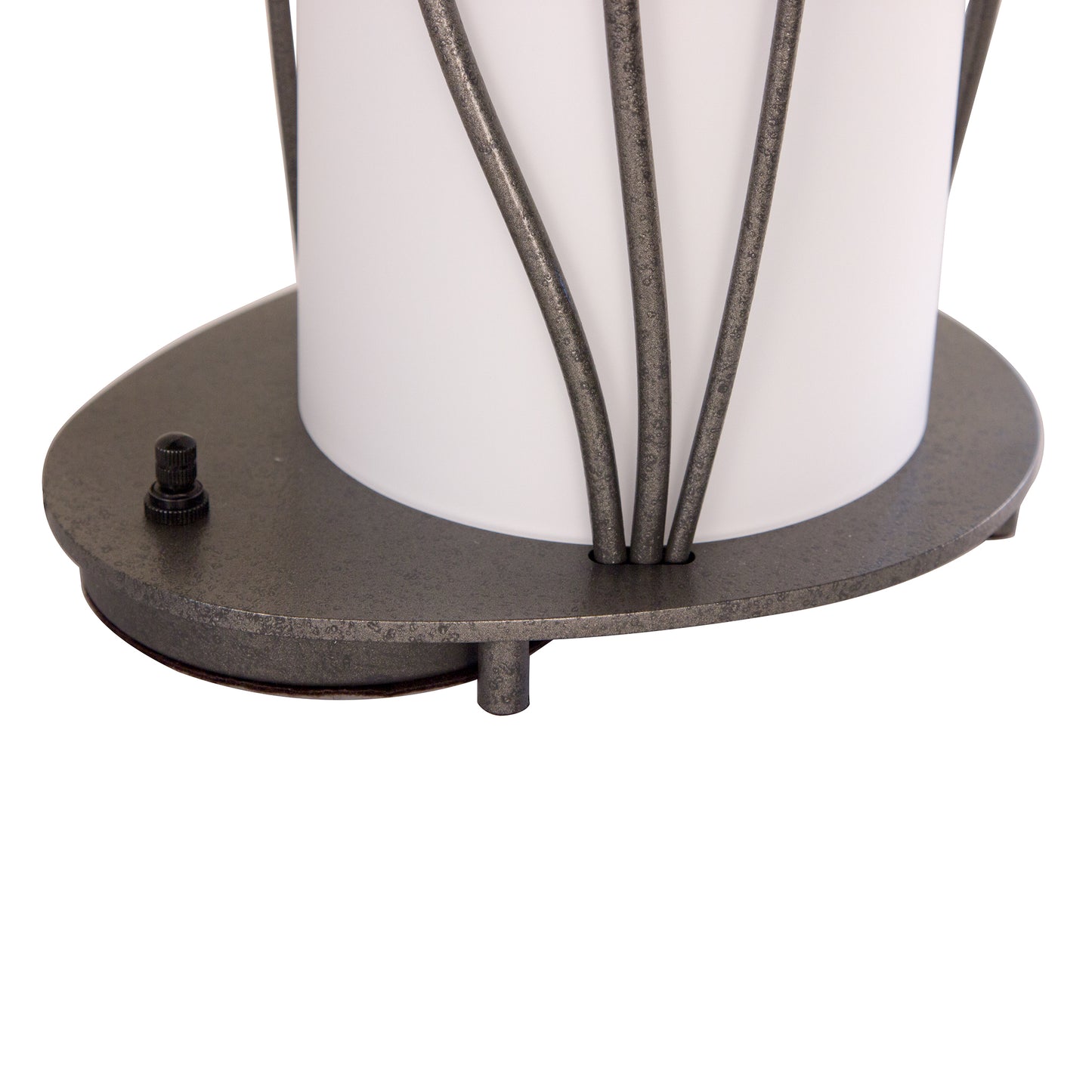 Hubbardton Forge Forged Leaves table lamp with intricate wrought iron rods and sleek black knob base design.