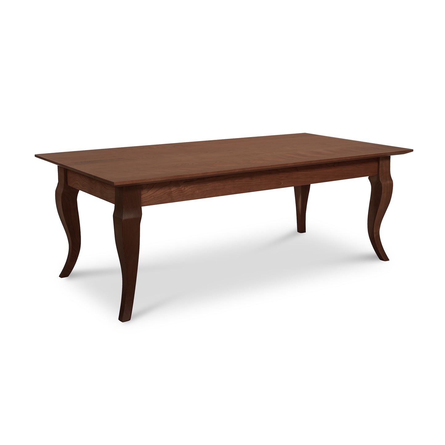 French Country Coffee Table by Lyndon Furniture, handmade in Vermont, with a rich dark finish and elegant curved legs, American made quality craftsmanship.
