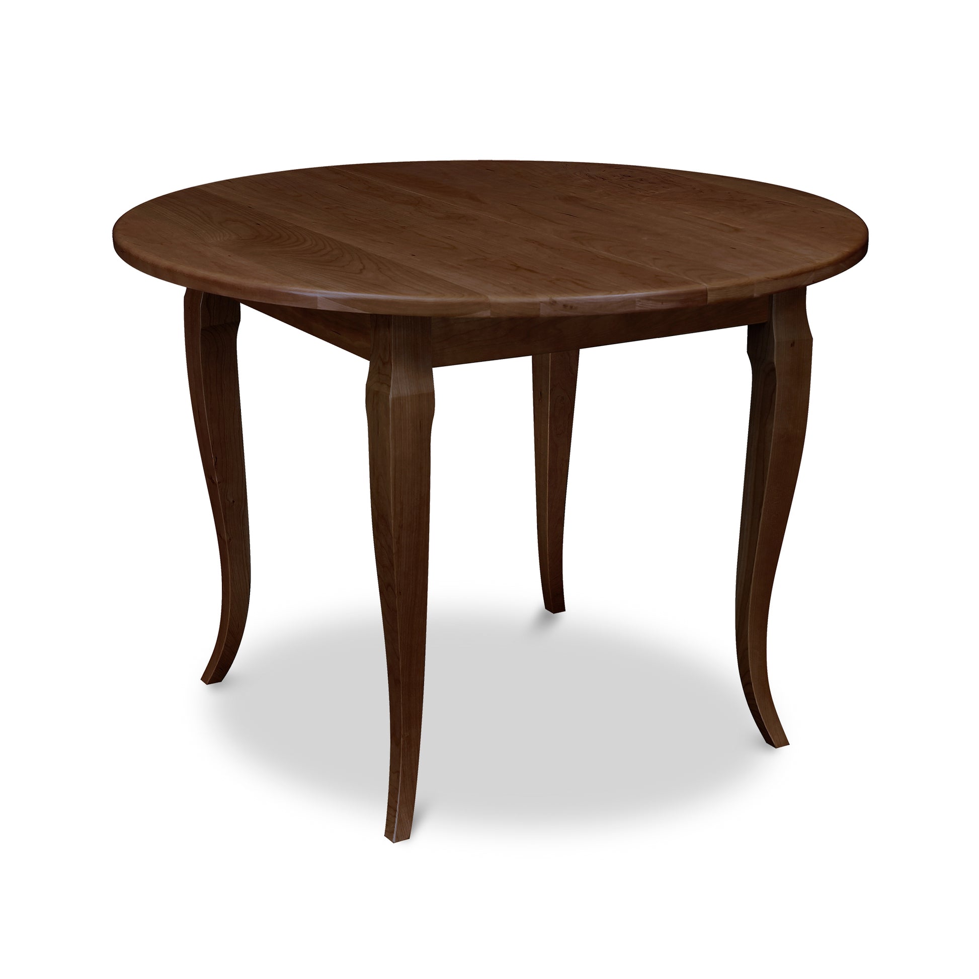 Lyndon Furniture French Country Round Solid Top Table with elegant curved legs, handcrafted from solid wood, displayed against a plain background.