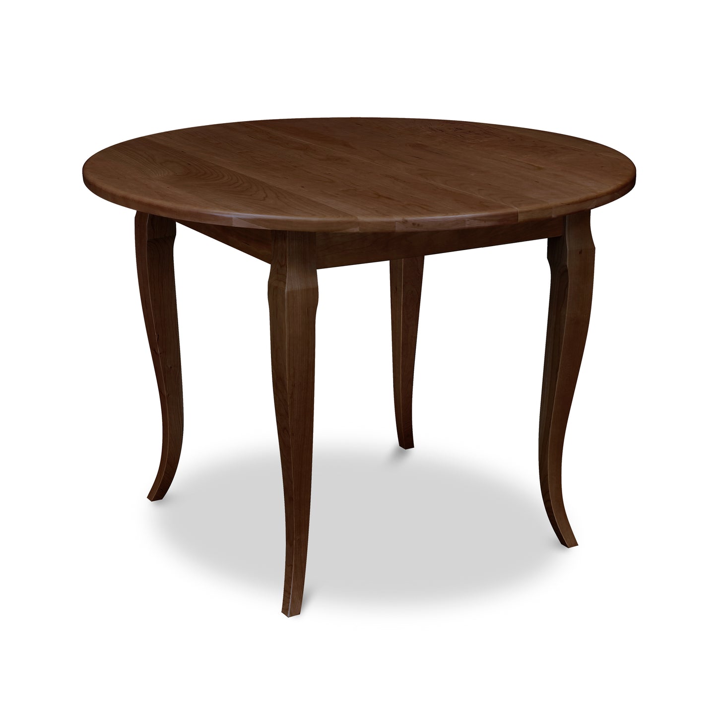 Lyndon Furniture French Country Round Solid Top Table with elegant curved legs, handcrafted from solid wood, displayed against a plain background.