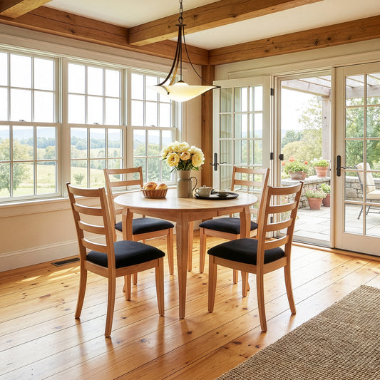 Lyndon Furniture French Country Round Solid Top Table with four matching chairs, expertly crafted in America from solid wood.