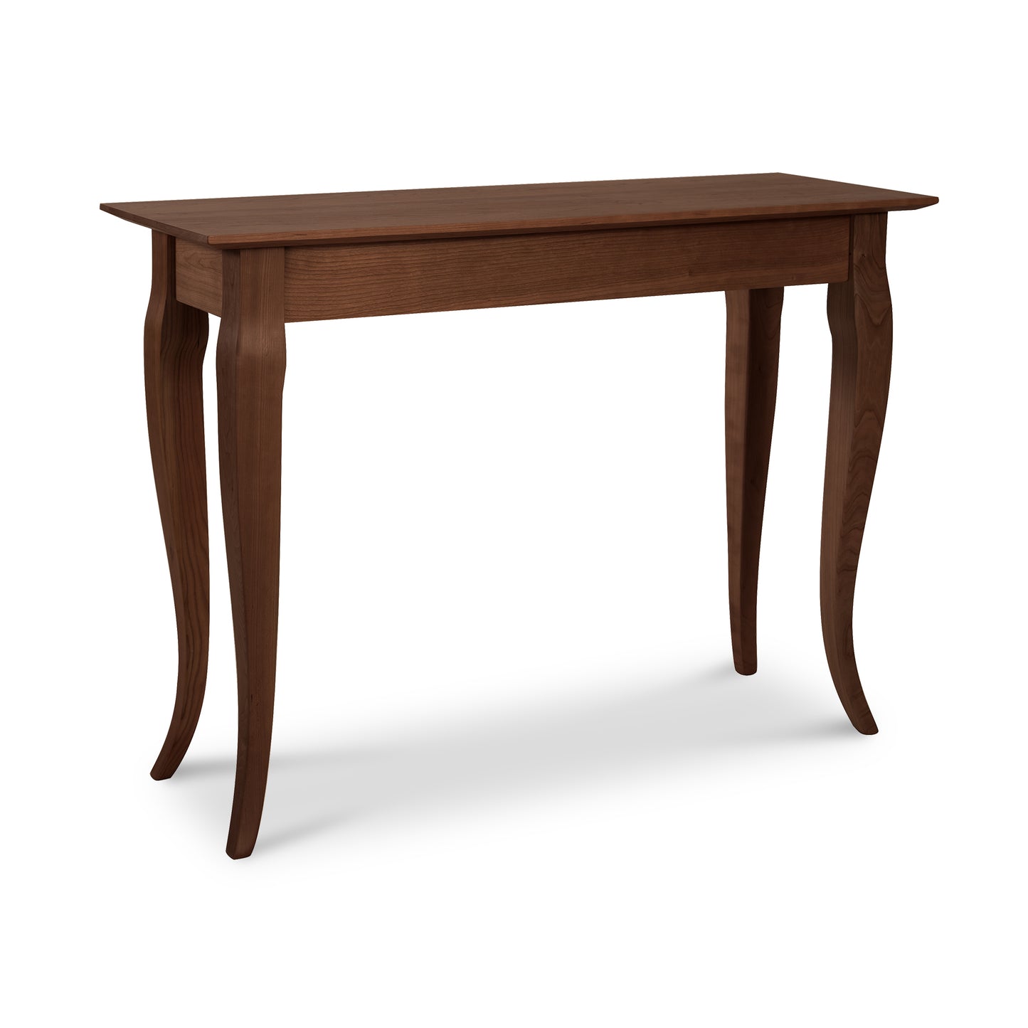 Lyndon Furniture French Country Sofa Table with handcrafted hardwood top and elegantly curved legs, showcasing fine American craftsmanship.
