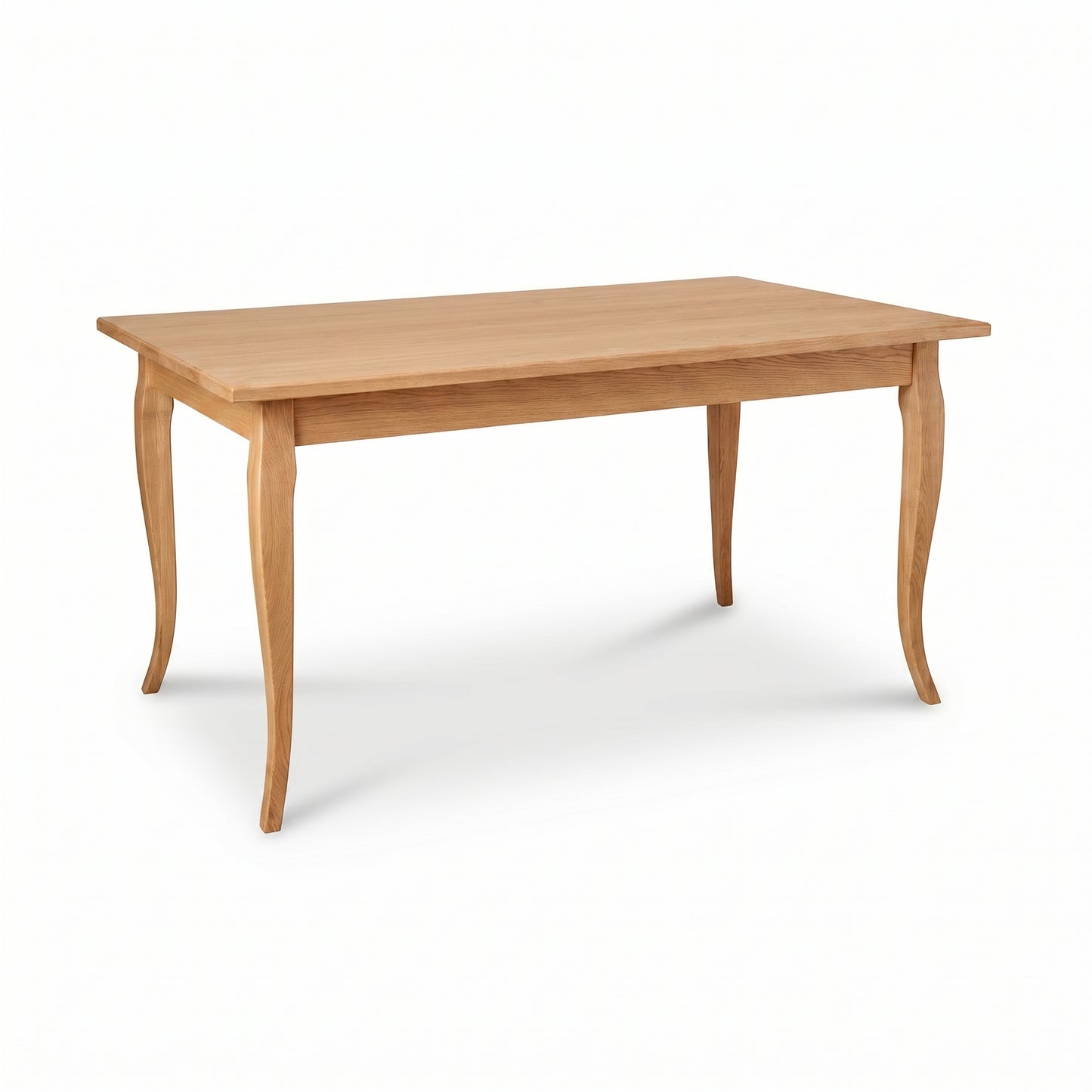 Lyndon Furniture French Country Solid Top Dining Table with rectangular hardwood top and elegant curved legs, handcrafted in Vermont.