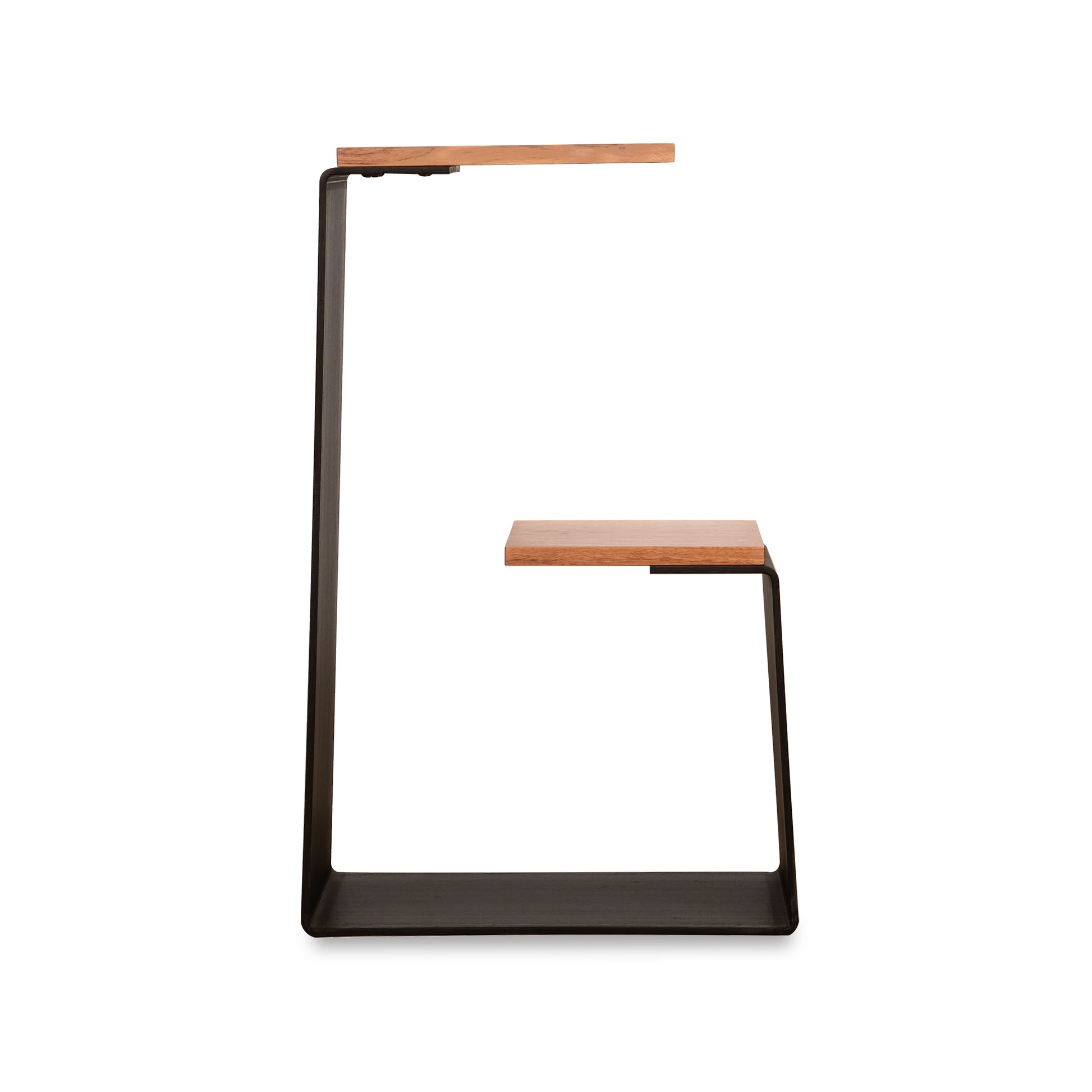 G Table by Vermont Woods Studios with a black metal frame and two staggered hardwood surfaces in a modern geometric design.