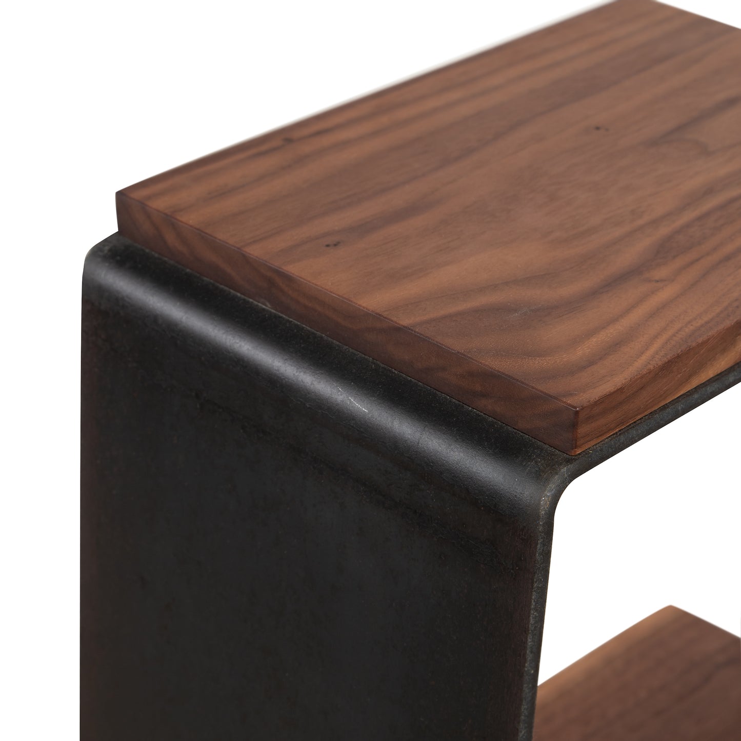 Vermont Woods Studios G Table with a dark metal frame and a natural hardwood top highlighting bold wood grain and modern geometric design.
