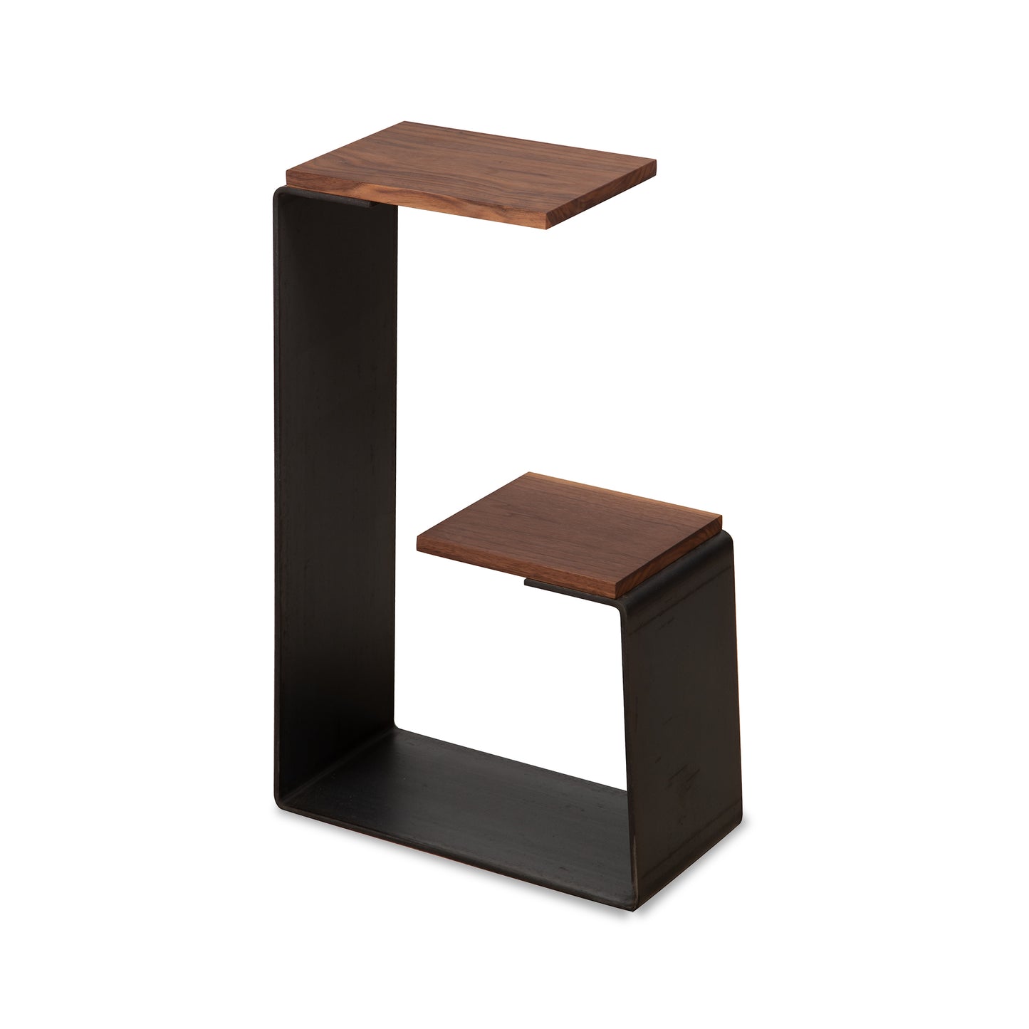 The G Table by Vermont Woods Studios with a durable steel frame and dual-level wooden surfaces, showcasing modern American craftsmanship.