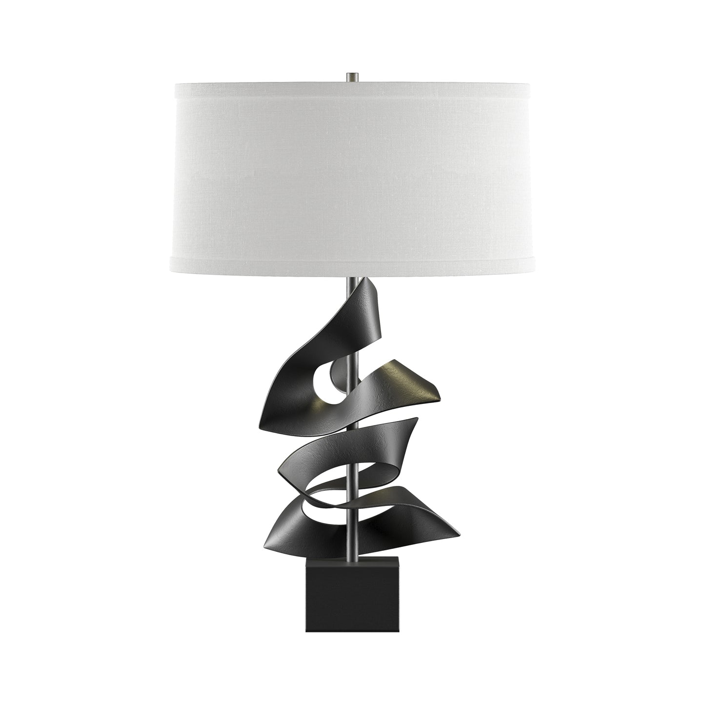 Gallery Two Fold Table Lamp by Hubbardton Forge with sculptural black metal base and white drum shade, showcasing elegant, modern design.