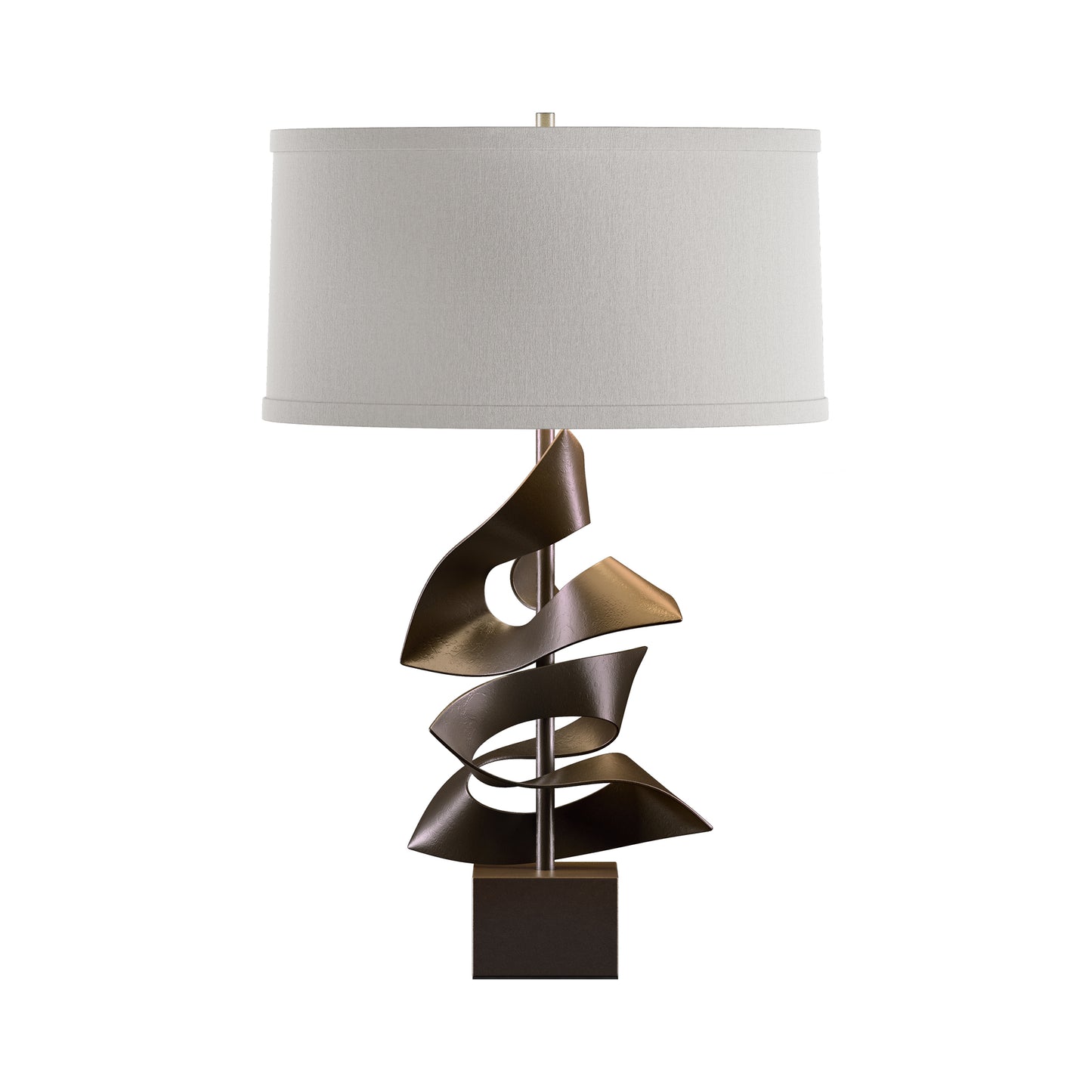 Hubbardton Forge Gallery Two Fold Table Lamp with a sculptural bronze metal base and white drum shade, showcasing expert American craftsmanship.